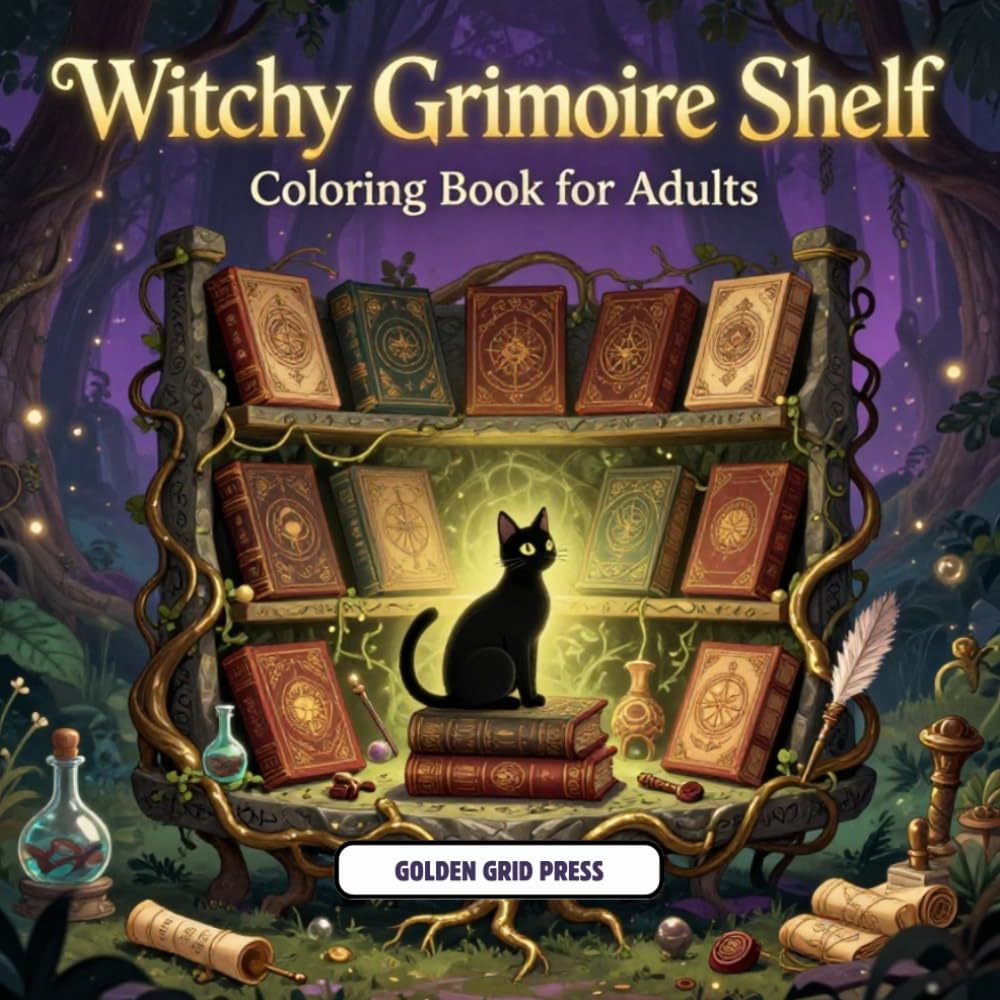 Witchy Grimoire Shelf Coloring Book for Adults: Featuring Cozy Fantasy Witchcraft Library Enchanted Bookshelves and Soft Fantasy Aesthetic Art
