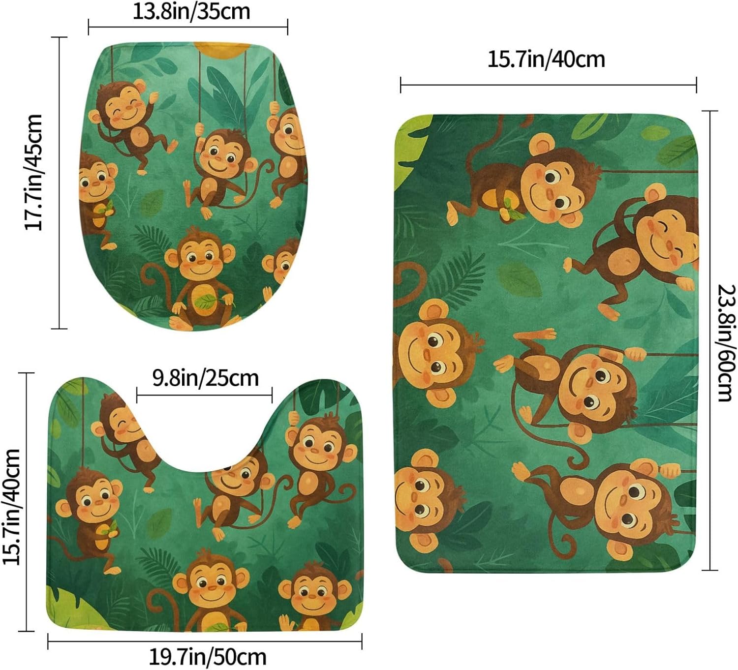Playful Monkey in Forest Bathroom Non Slip Rugs Sets 3 Piece Flannel Mat Carpet Set