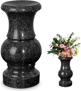 Cemetery Vase, Turned Round Granite Grave Vase Memorial Stone Vases with Draining Hole for Home Tabletop, Cemetery Flowers, Grave Headstone Decorations 1pc, Black