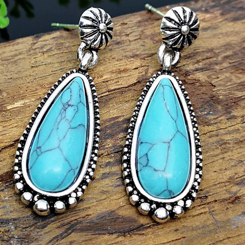 Boho Vintage Drop Earrings Silver Turquoise Gemstone Pendant Dangle Hooks Earrings Wedding Bridesmaid Jewelry Gift
