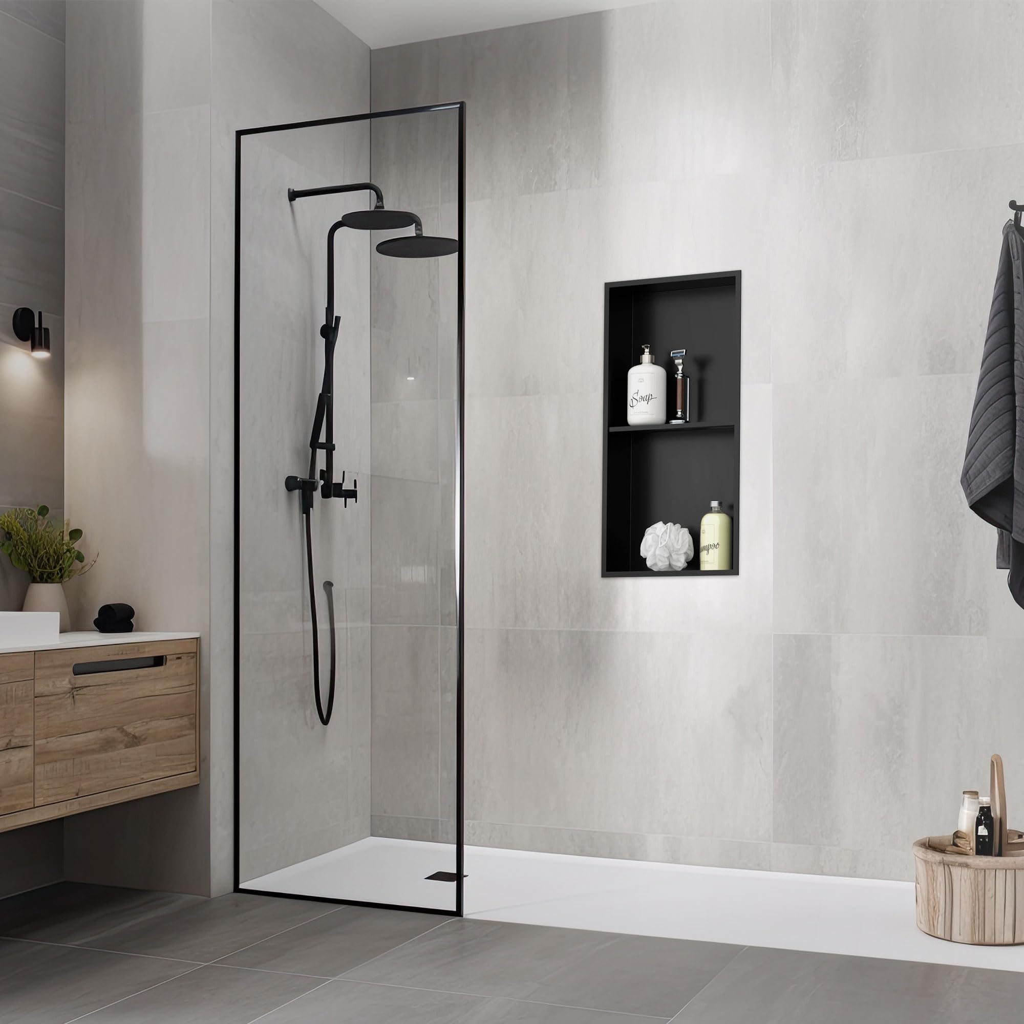 LuxeBath Nicho de Ducha Acero Inoxidable 30x60x10 cm cm Negro Marco de Pared Doble Empotrado Alicatable Estante Integrado Instalación Flexible para Almacenamiento Organizador de Utensilios para Baño