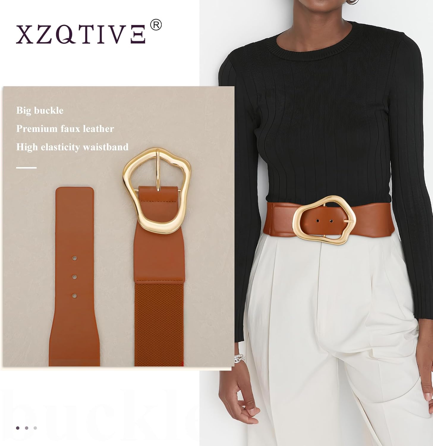 XZQTIVE Women Wide Elastic Waist Belt for Dresses Fashion Big Gold Buckle Stretchy Leather Waistband for Ladies - Image 2