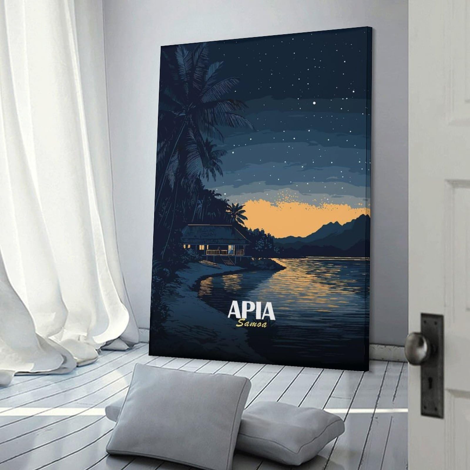Junmoney Frame-Style-2 Canvas Art Print Apia Samoa Night Landscape Illustration, 24X36inch(60X90cm), For Office, Study Or Home Workspace, Home Office Artwork With Decorative Appeal