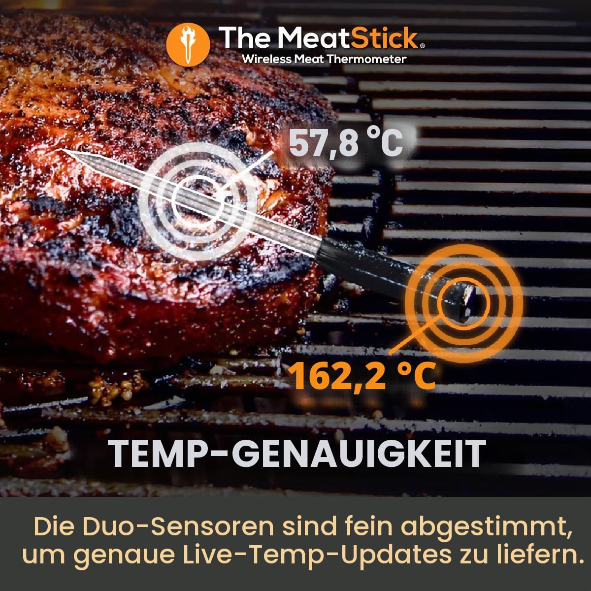 The MeatStick Thermometer mit App I kabelloses Fleischthermometer mit 10m Reichweite I präzises Temperaturmessgerät bis 300°C I Grillthermometer mit 92mm Temperaturfühler inkl. Xtender-Ladegerät