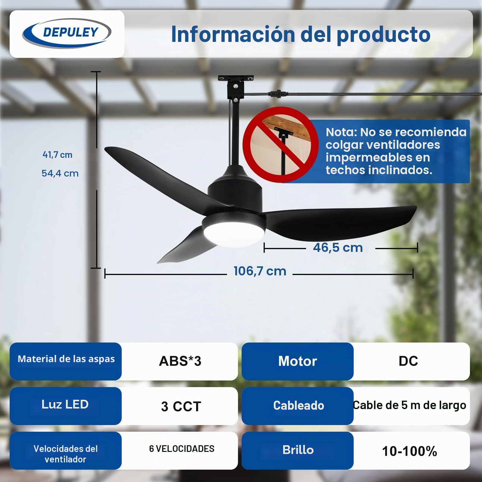 Depuley Ventilador de techo para exteriores con luz: Ventilador colgante negro de 42" para cenador, resistente al agua - Ventiladores enchufables para exteriores para patios con mando a distancia APP