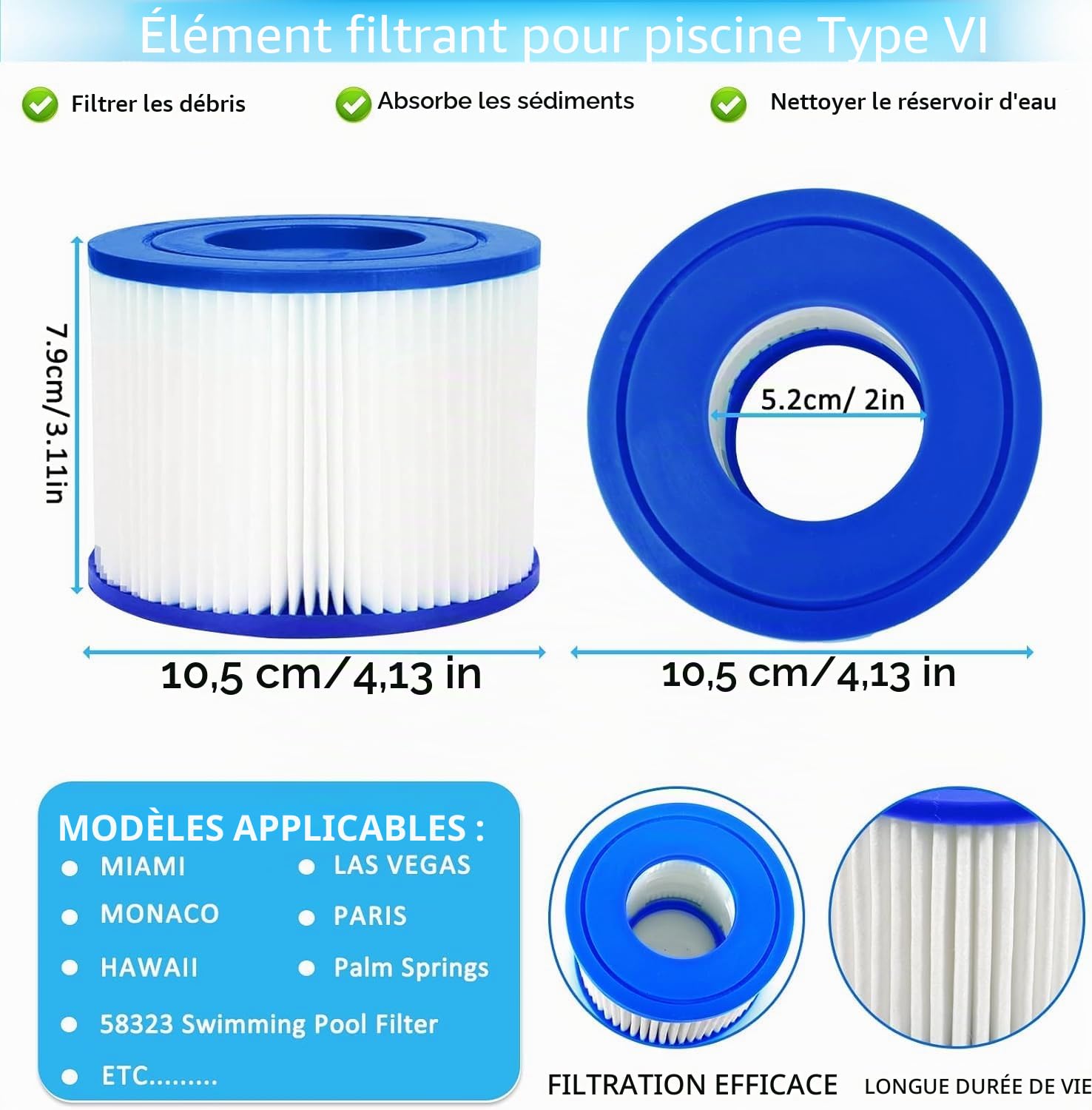 Lot de 6 Filtres de Type VI pour Spa, Filtre VI Cartouche pour Bestway Lay-Z-Spa, Filtre Piscine Filtre de Spa et de Bain à Remous Type VI pour Miami, Monaco, Vegas, 58323, Palm Springs, Paris