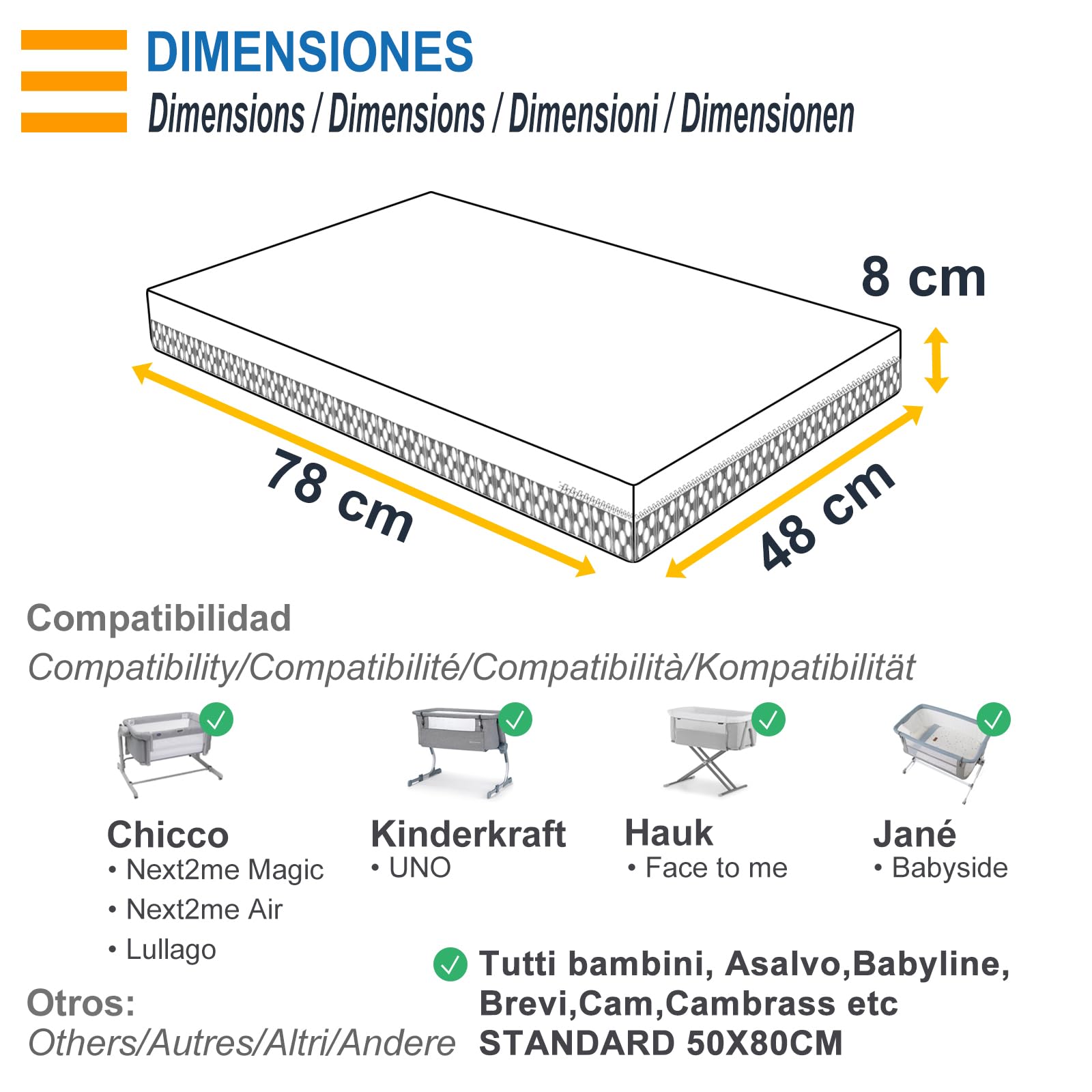 PEKITAS Materasso minicla 48 x 78 cm spessore 8 cm ibrido reversibile double face fodera rimovibile lavabile durezza stabile traspirante anti-annegamento culla per il bambino