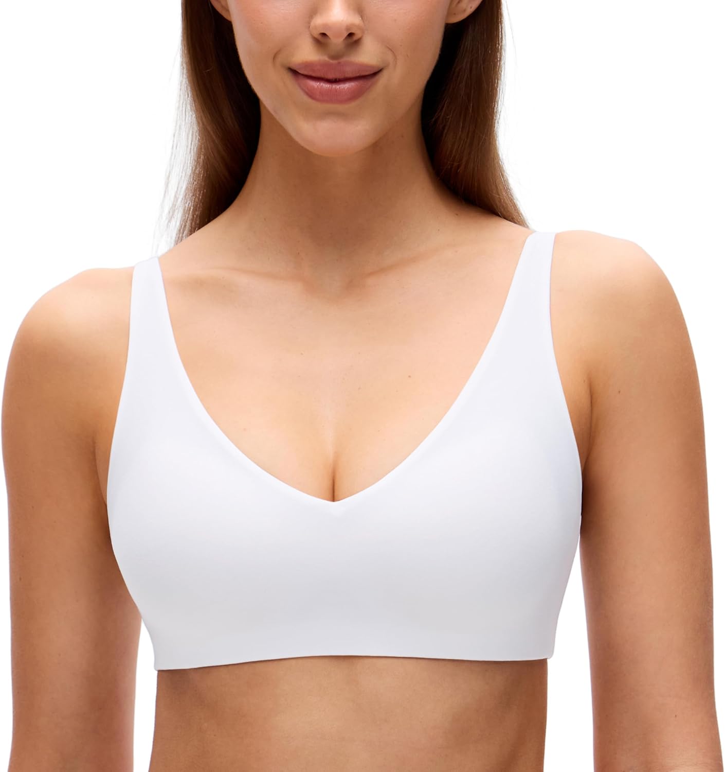 CRZ YOGA Softhold Double Lined Deep V Bralette - Womens Adjustable Straps Wireless Plunge T-Shirt Everyday Bra Comfy Smooth