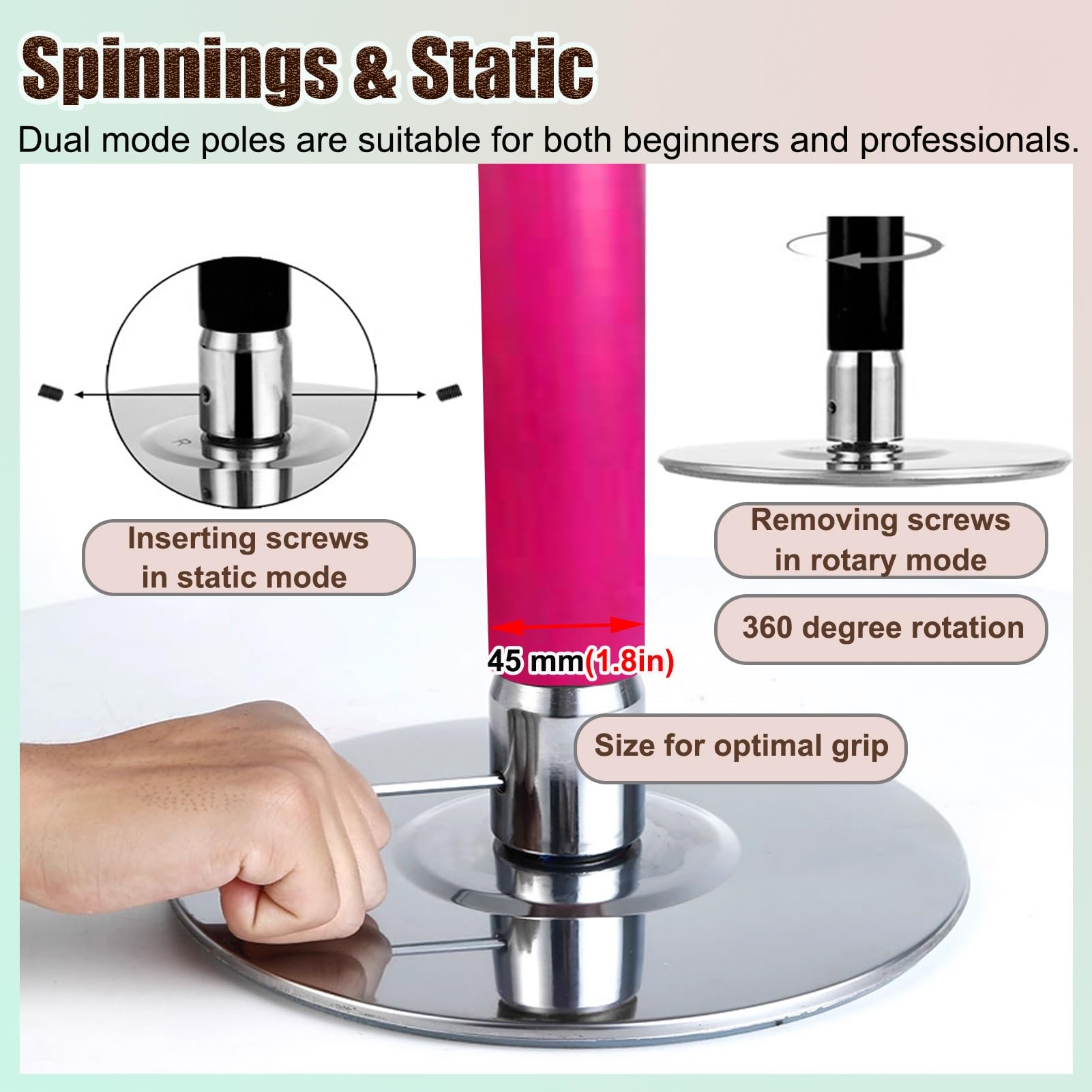 Palo Pole Dance da Casa Palo da Ballo Rotante da 45 mm e Palo di Prolunga, Rosa Palo a Strisce con Ordito in Silicone e Piastra Fissa, 2.3-2.75 m((2.3-2.75m/7.5-9ft) pole Set)
