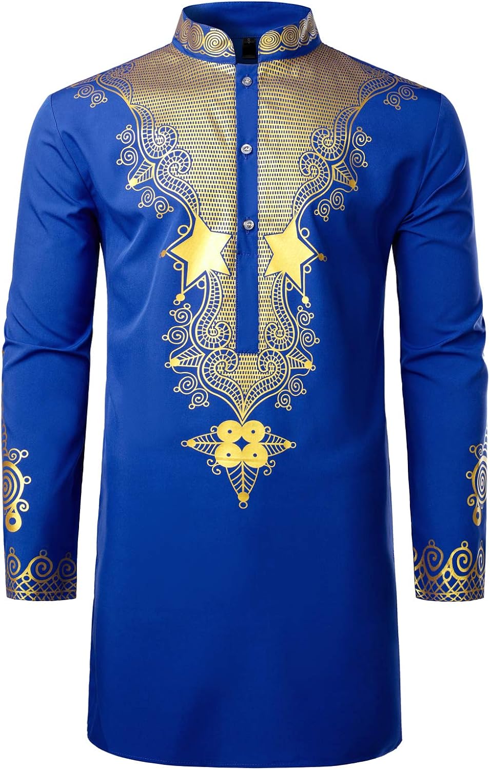 LucMatton Men's African Traditional Dashiki Luxury Metallic Gold Printed Mid Long Shirt