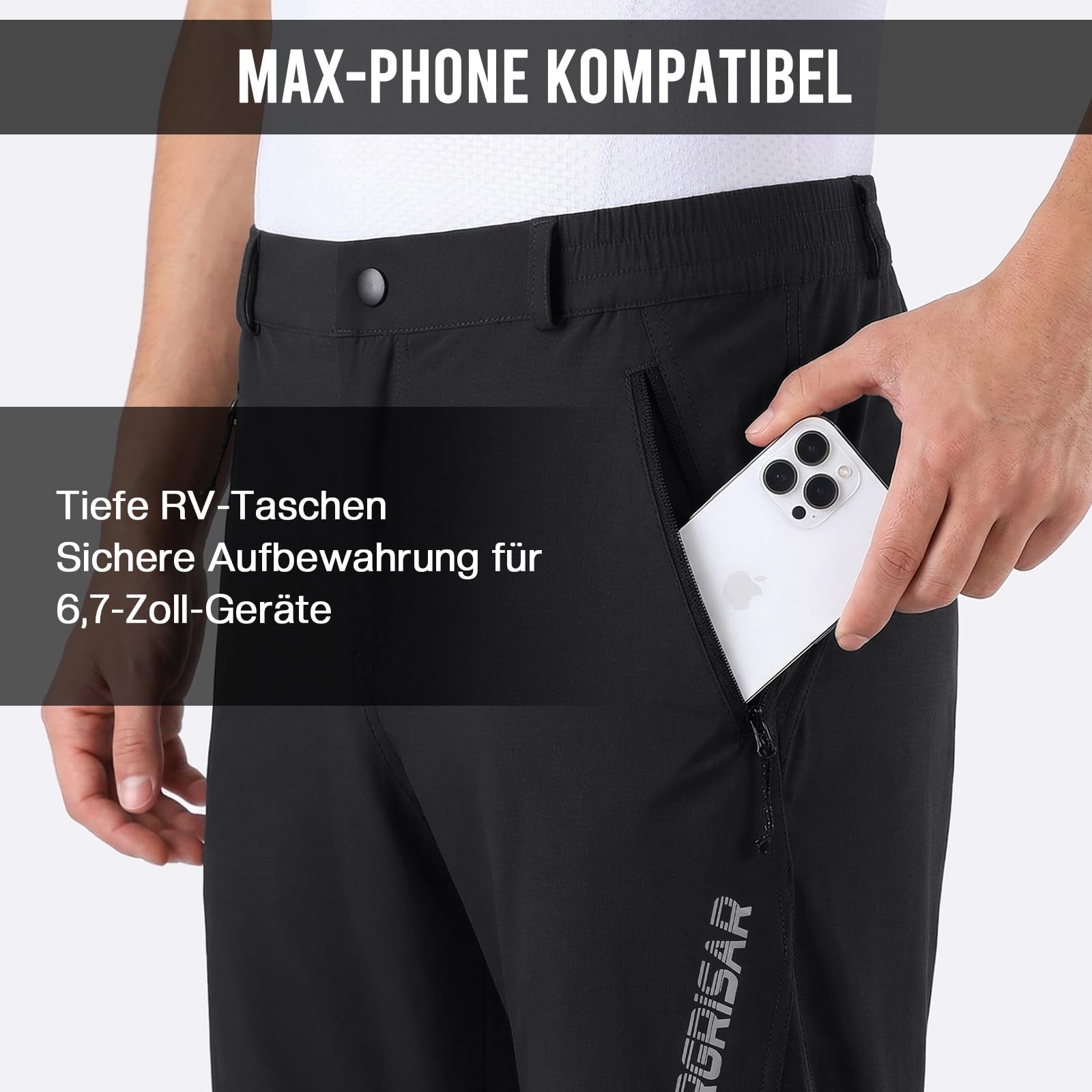 BERGRISAR Herren-Radhose, wasserabweisend, MTB-Hose mit Reißverschlusstaschen, schnell trocknend, 4-Wege-Stretch, Mountainbike-Hose für Outdoor, Wandern, Laufen
