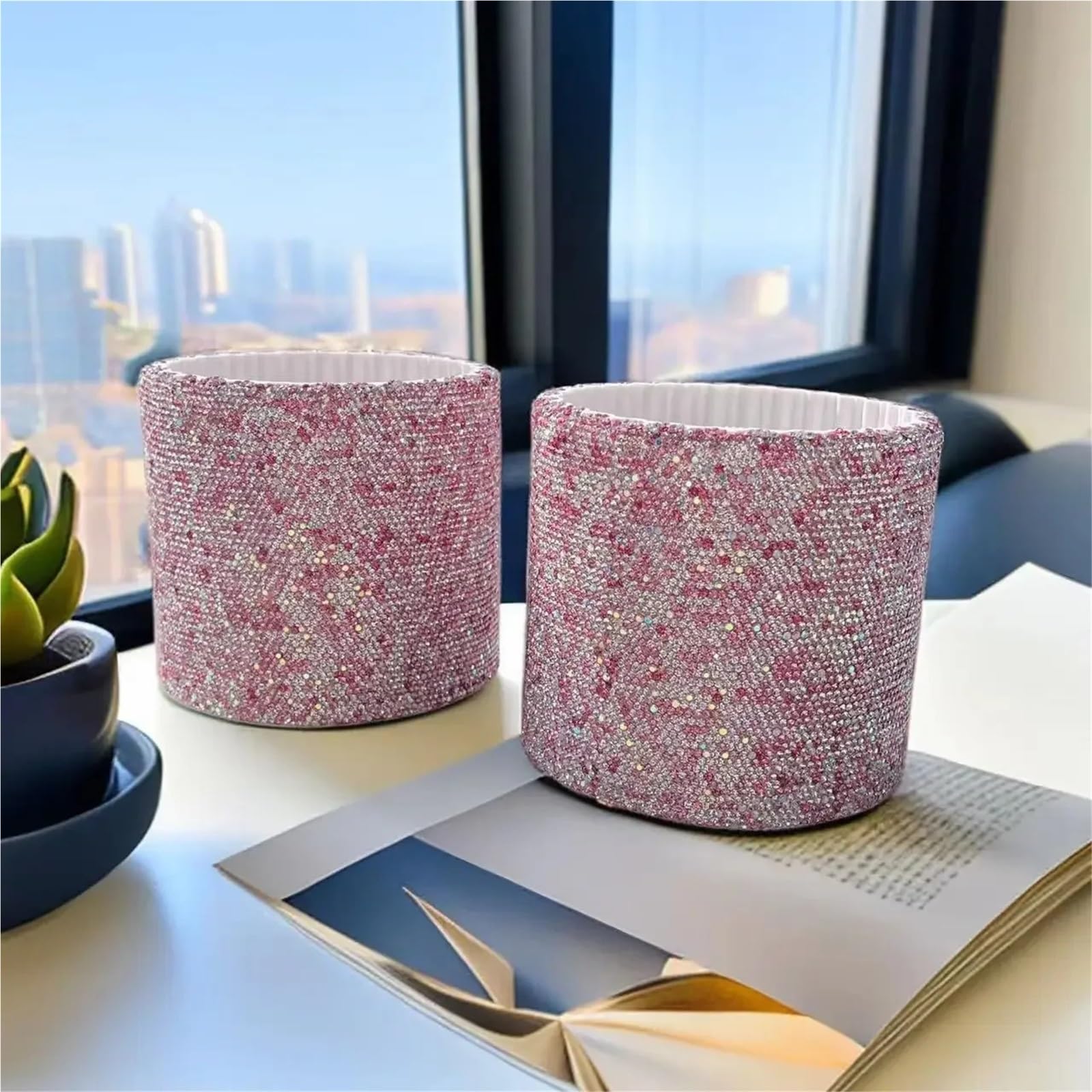 Cubo de Almacenamiento brochas Maquillaje con Diamantes, Caja organizadora lápices Cejas 5 Rejillas, Estante Escritorio imitación Brillante(Pink)