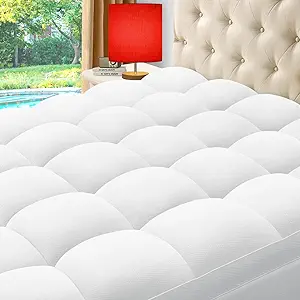 ELEMUSE Queen Cooling Bamboo Viscose Mattress Topper for Back Pain, Extra Thick Mattress Pad Cover, Plush Soft Pillowtop with Elastic Deep Pocket, Overfilled Down Alternative Filling