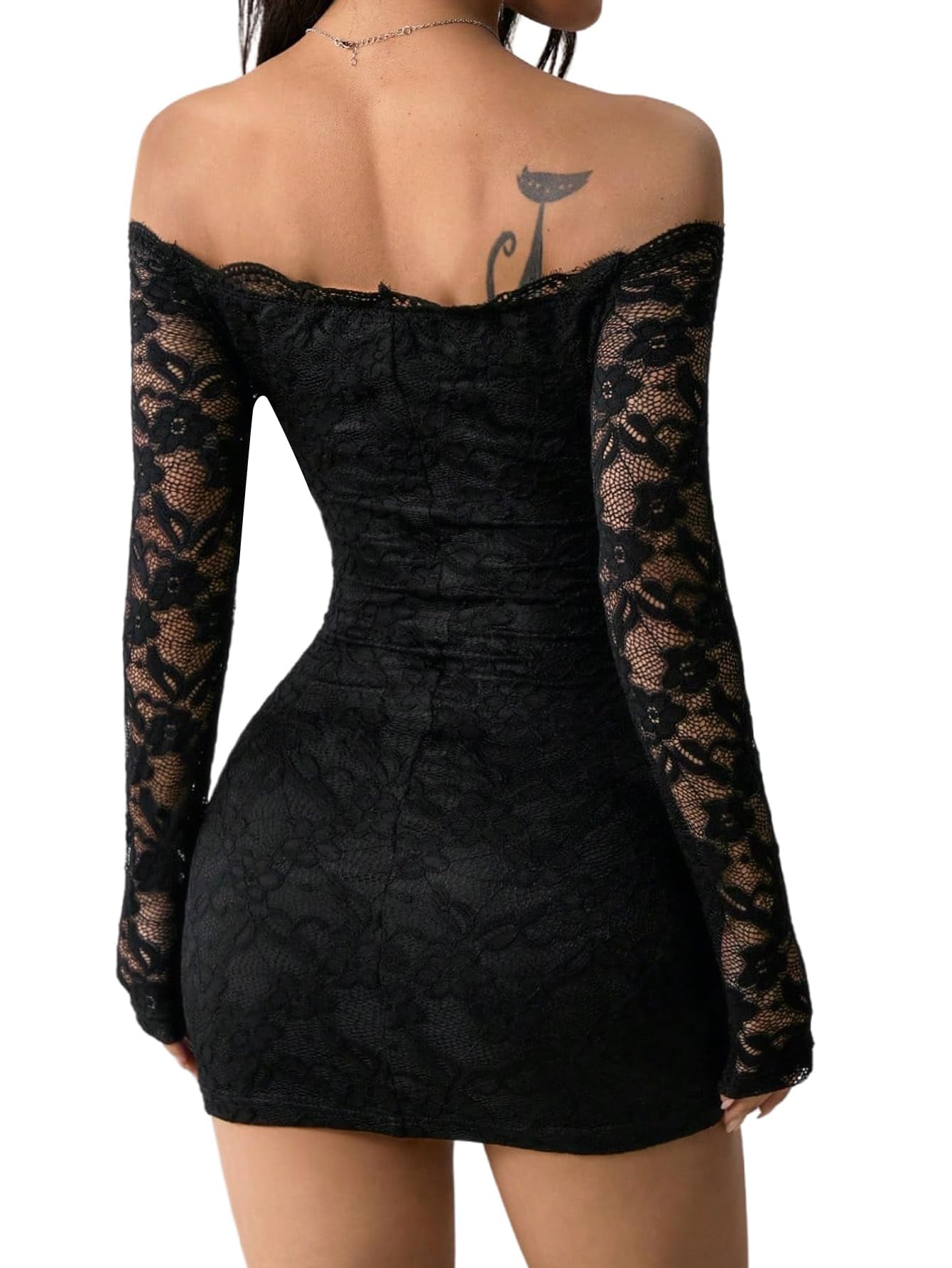 SweatyRocks Abito in pizzo da donna, elegante, a maniche lunghe, mini abito gotico, sexy, con spalle scoperte, in pizzo, per feste