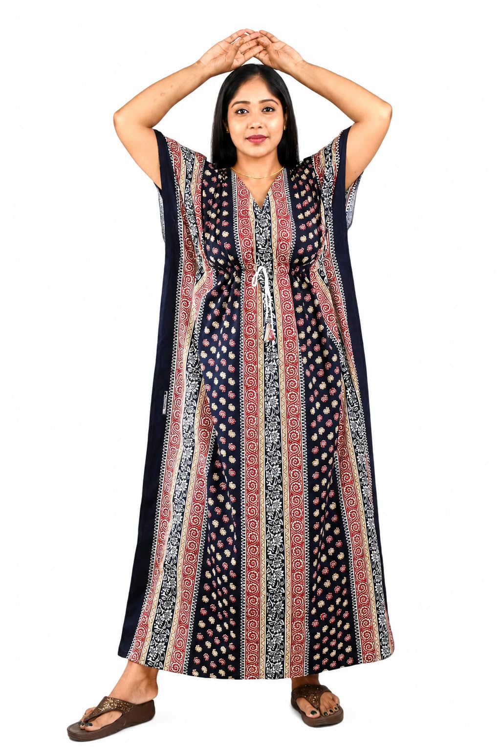 Women's Printed Cotton Kaftan Nighty | Full Length Adjustable Waist Lounge Dress | Soft Breathable House Dress | Free Size Sleepwear-picture-27