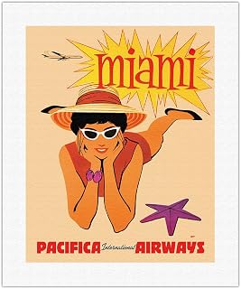 Miami Florida - Pacifica International Airways - Vintage Airline Travel Poster by Hoyt c.1960 - Fine Art Rolled Canvas Print 16in x 20in