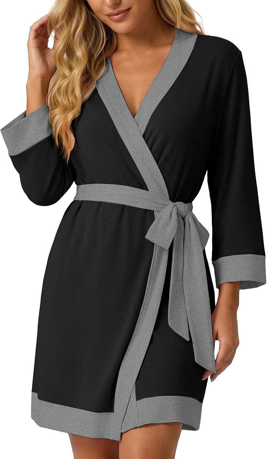 PrinStory Womens Robe Knit Kimono Bathrobe Lightweight Soft Sleepwear Knee Length Lounge Robes