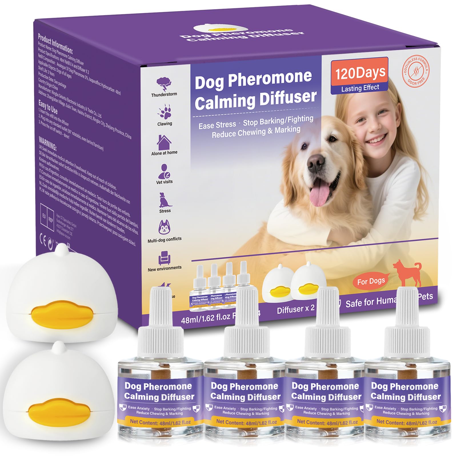 SLE Pheromones Chien Anti Stress Résout Les problèmes de marquage urinaire, Stoppe Aboiements/Mâchonnage/Marquage, Calmant Apaisant Prise Phéromones (2 Diffuseur+4 Recharges)