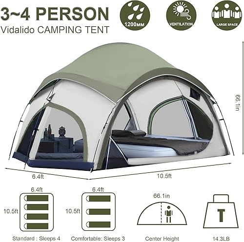 Miniatura 5 de Vidalido Tienda de campaña para 3 a 4 personas con 2 puertas, 2 grandes ventanas de malla familiar, tienda de campaña de glamping portátil
