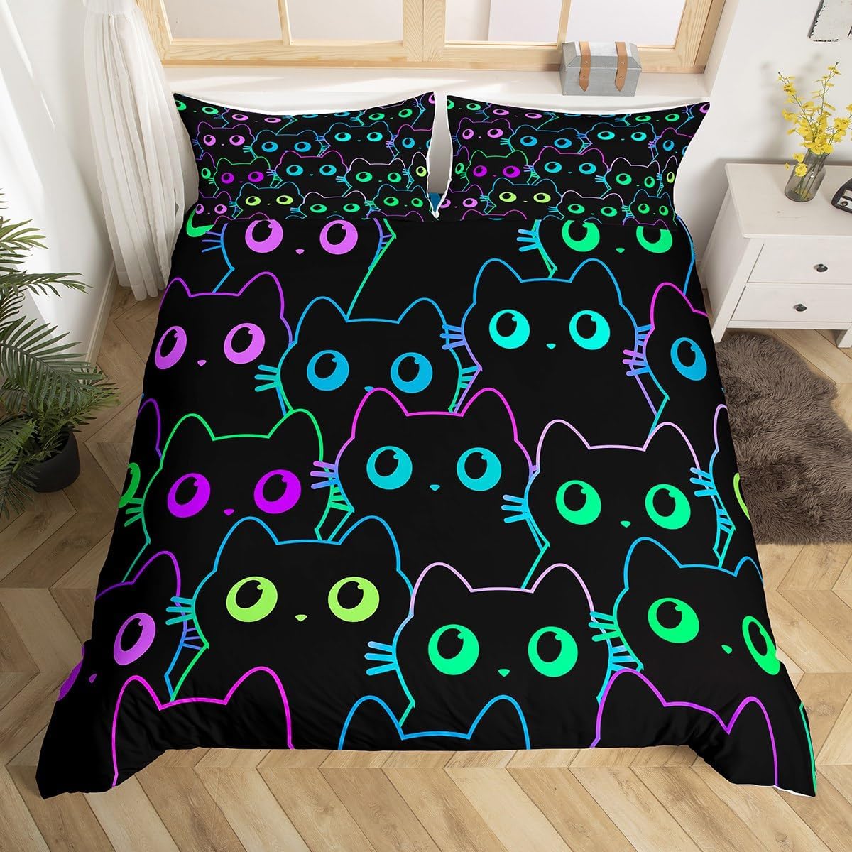 Erosebridal 3 Piece Cat Comforter Cover Full Size for Boys Girls Cartoon Cat Lovely Kitten Duvet Cover Gradient Line Graffiti Cat Duvet Cover Kids Bedding,1 Bedspread Cover 2 Pillowcases