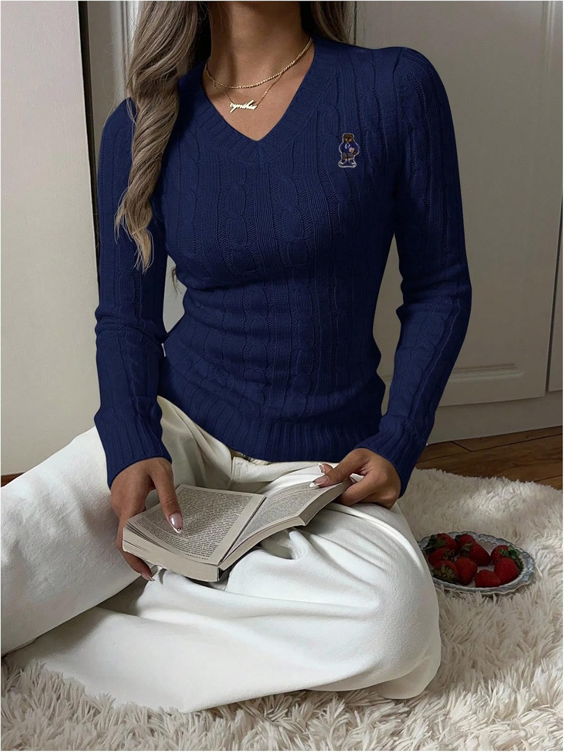 SHENHE Women's Bear Knit Sweater Long Sleeve V Neck Fitted Pullover Top Business Casual Work Fall Outfits - Image 3