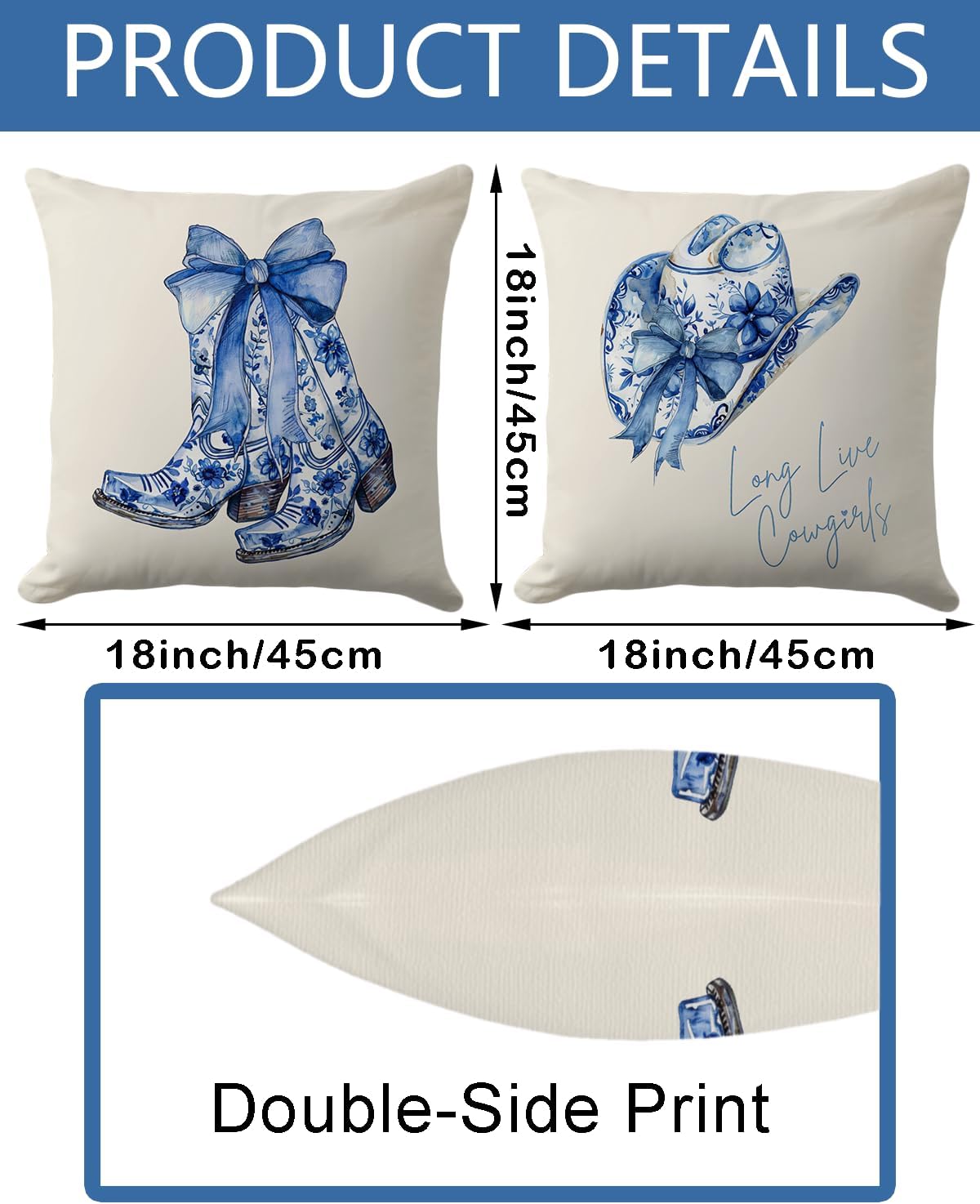 Western Pillow Covers 18x18 Set of 2 – Blue Floral Cowboy Boots and Hat Throw Pillow Cases with Bows – Farmhouse Country Cushion Covers for Rustic Ranch or Rodeo Decor (Beige) - Image 6