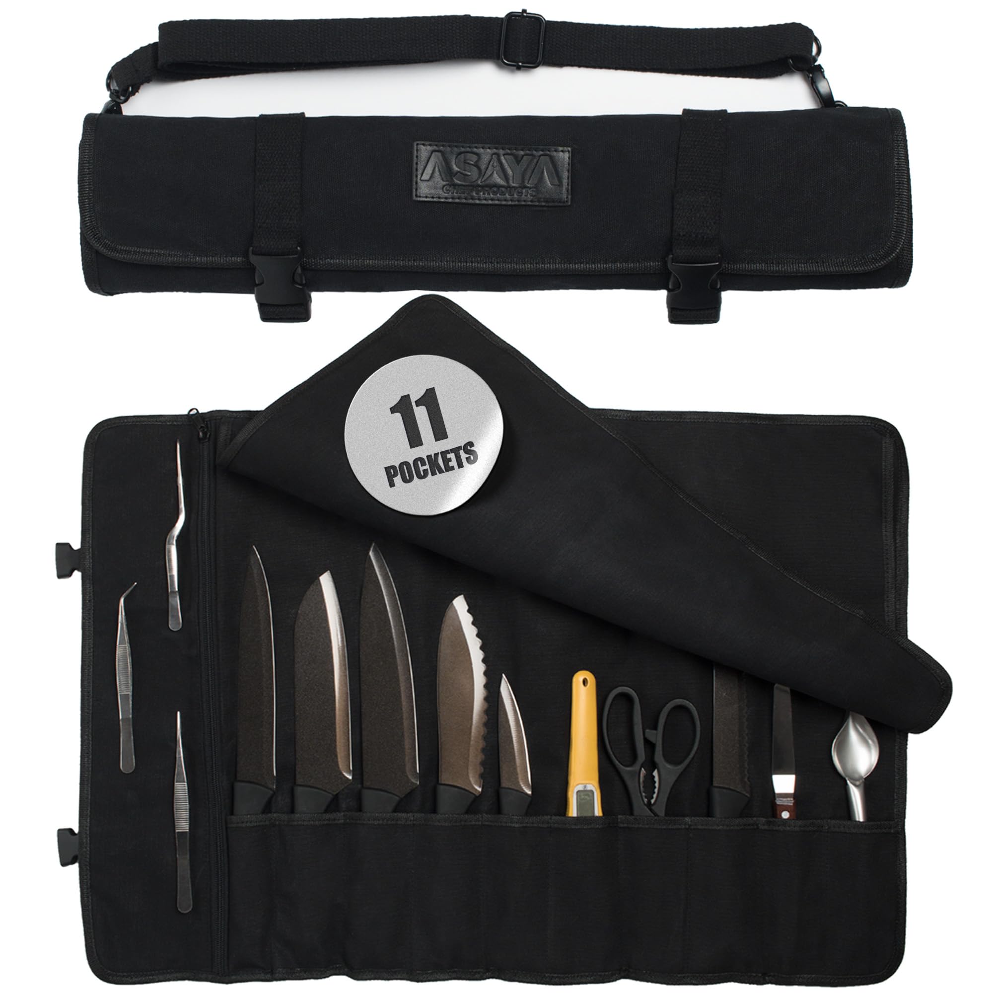 Canvas Chef Knife Roll Bag - 10 Knife Slots and a Large Zipper Pocket - Durable 10oz Canvas Knife Case with an Adjustable Shoulder Strap - Knives not Included