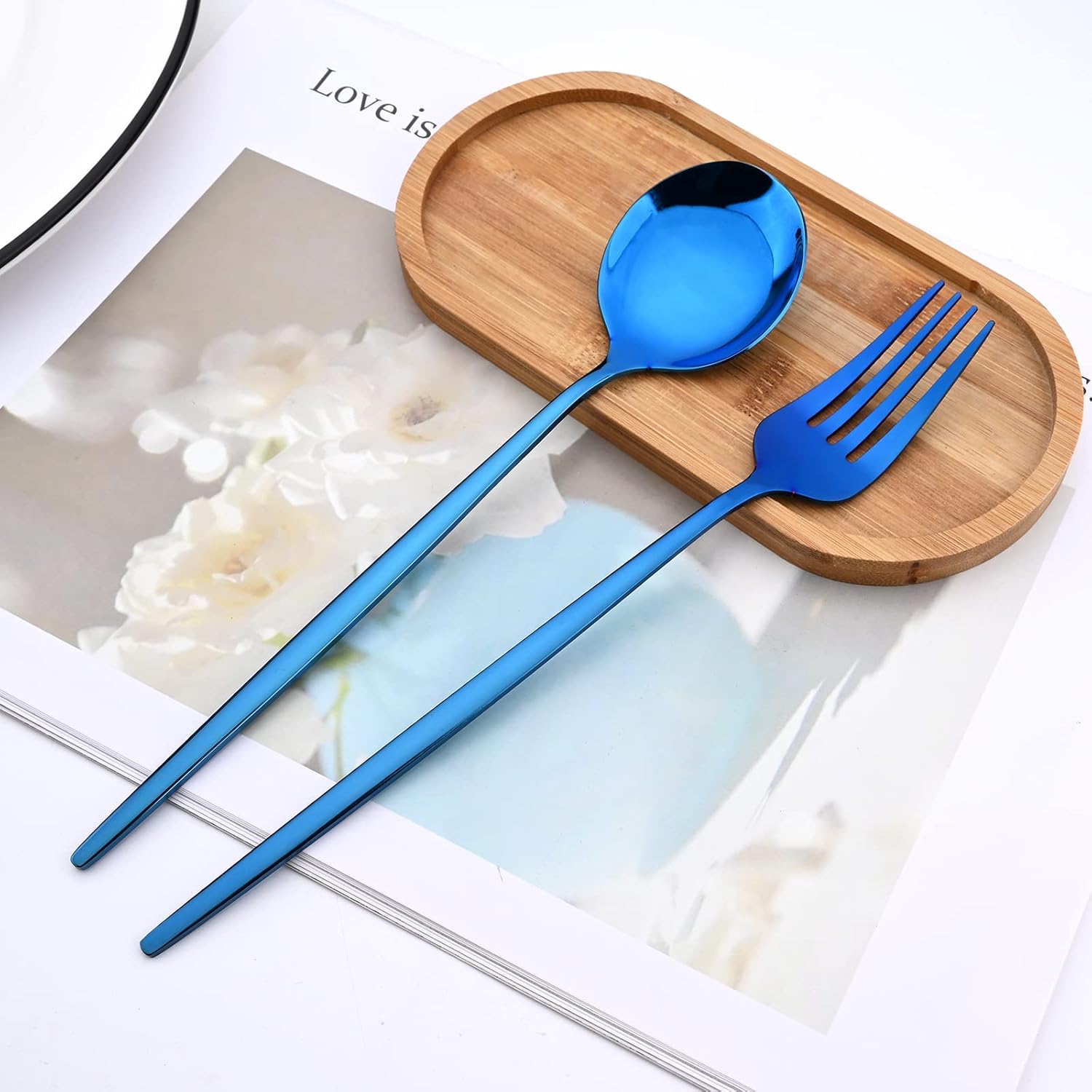 30Pcs Blue Simplicity Mirror Finished Cutlery Set, 18/0 Stainless Steel Daily Use Silverware Kitchen Home Restaurant Party Dessert Flatware Set Include Knife/Fork/Spoon, Service For 6