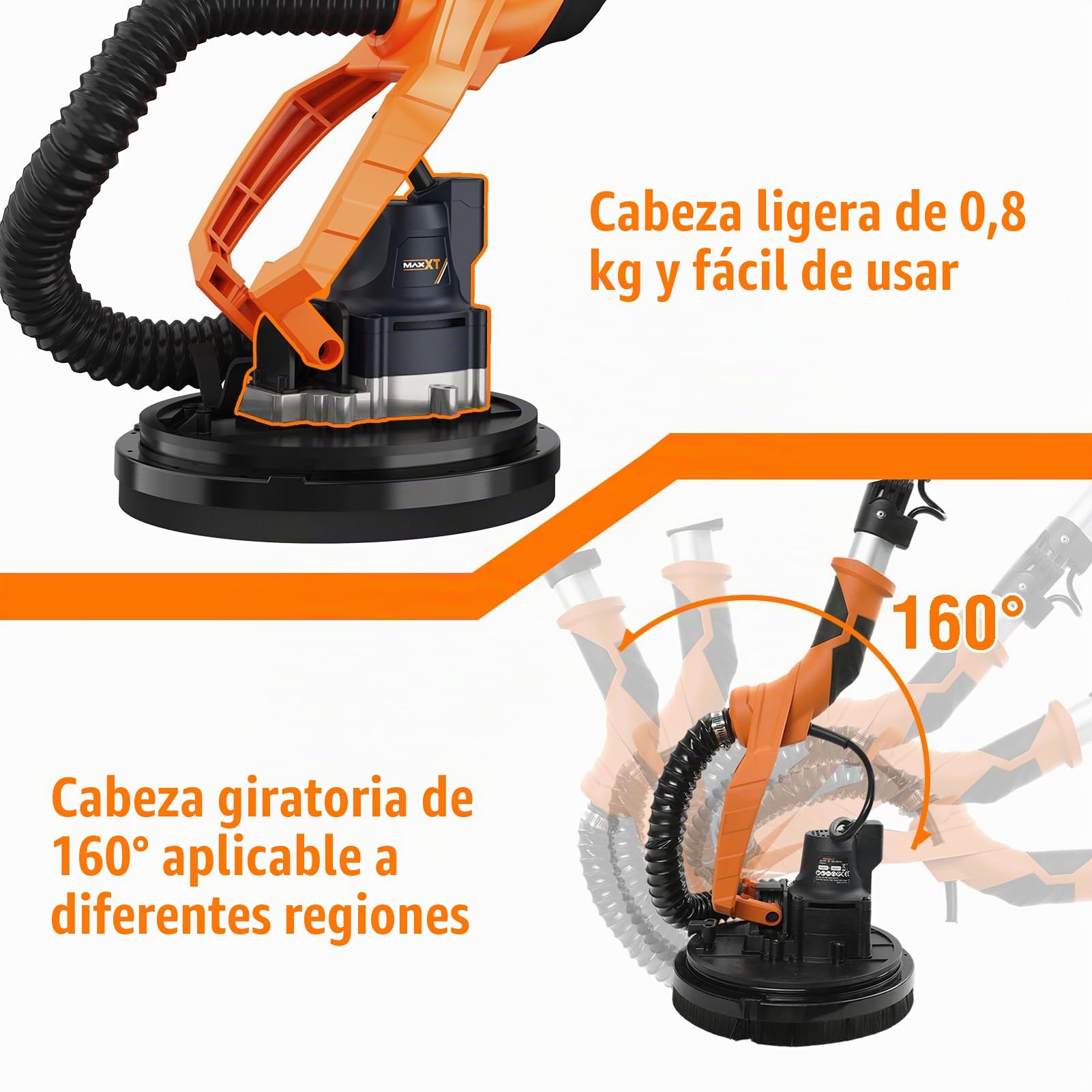 MAXXT Lijadora de pared 20V sin escobillas: Sistema de auto-aspiración, Control de velocidad continuo (600-1200 RPM), Disco de 225 mm, Plegable (extensible 110-165 cm), Para paredes y techos