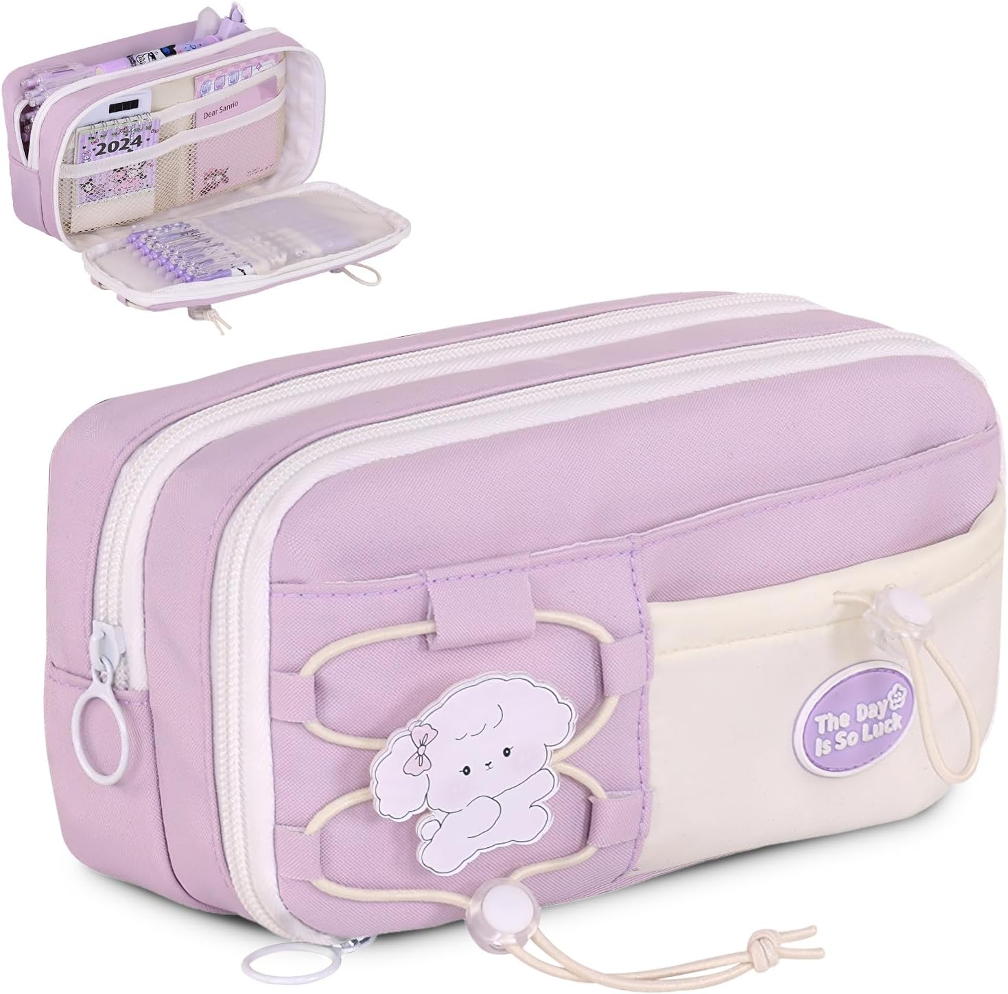 Amythe Girls Pencil Case with 4 Compartments Large Pencil Case for Teenagers Cute Pencil Bag with Cartoon Badge Portable Pencil Case for School and Office Purple