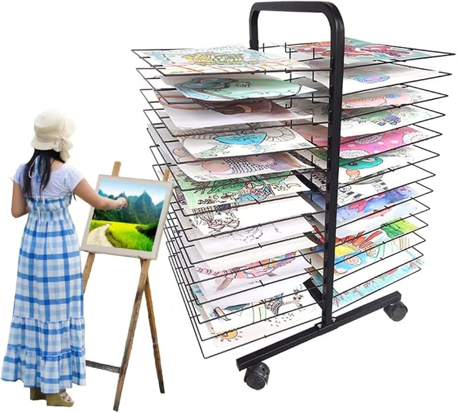 Mobile Art Drying Rack for Classroom, Paint Drying Rack Art, Stackable Metal Double Sided Artwork Storage Display Rack Art Drying Rack with Wheels for Classroom Painting CRA