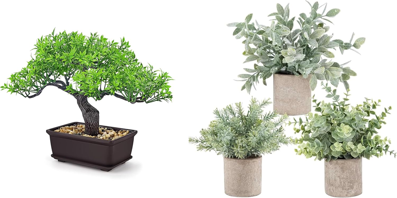 Der Rose A Bundle of 3 Pack Mini Potted Fake Plants Artificial Plastic Eucalyptus Plants Topiaries and 8'' Artificial Bonsai Tree Small Fake Potted Plants for Home Office Bathroom Decor