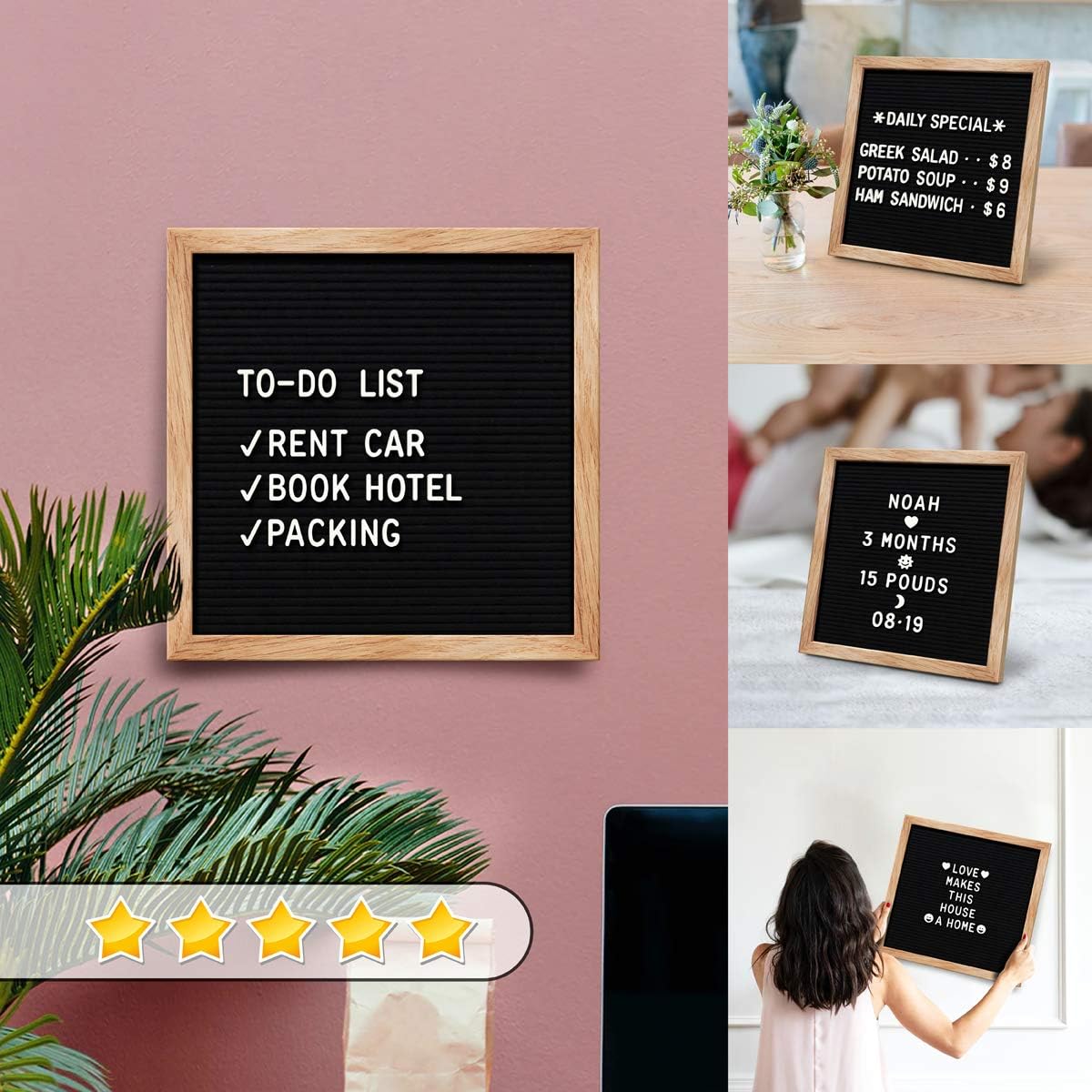 Changeable Felt Letter Board Sign + Eisel Stand + Letters, Numbers & Symbols Wooden Letterboard Set Classroom Office Decor Maternity Shoot Props Message Word Board Wood Frame Baby Announcement Black Felt