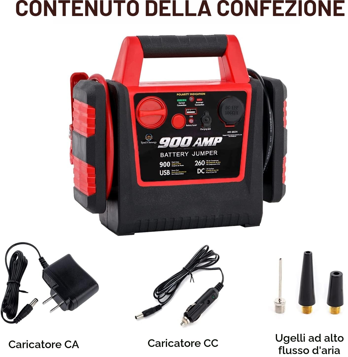 Avviatore di emergenza per auto con compressore d'aria, 900 A 12 V, batteria al piombo, caricabatterie bancario presa USB e presa CC, 150 PSI gonfiatore pneumatici 3 adattatori