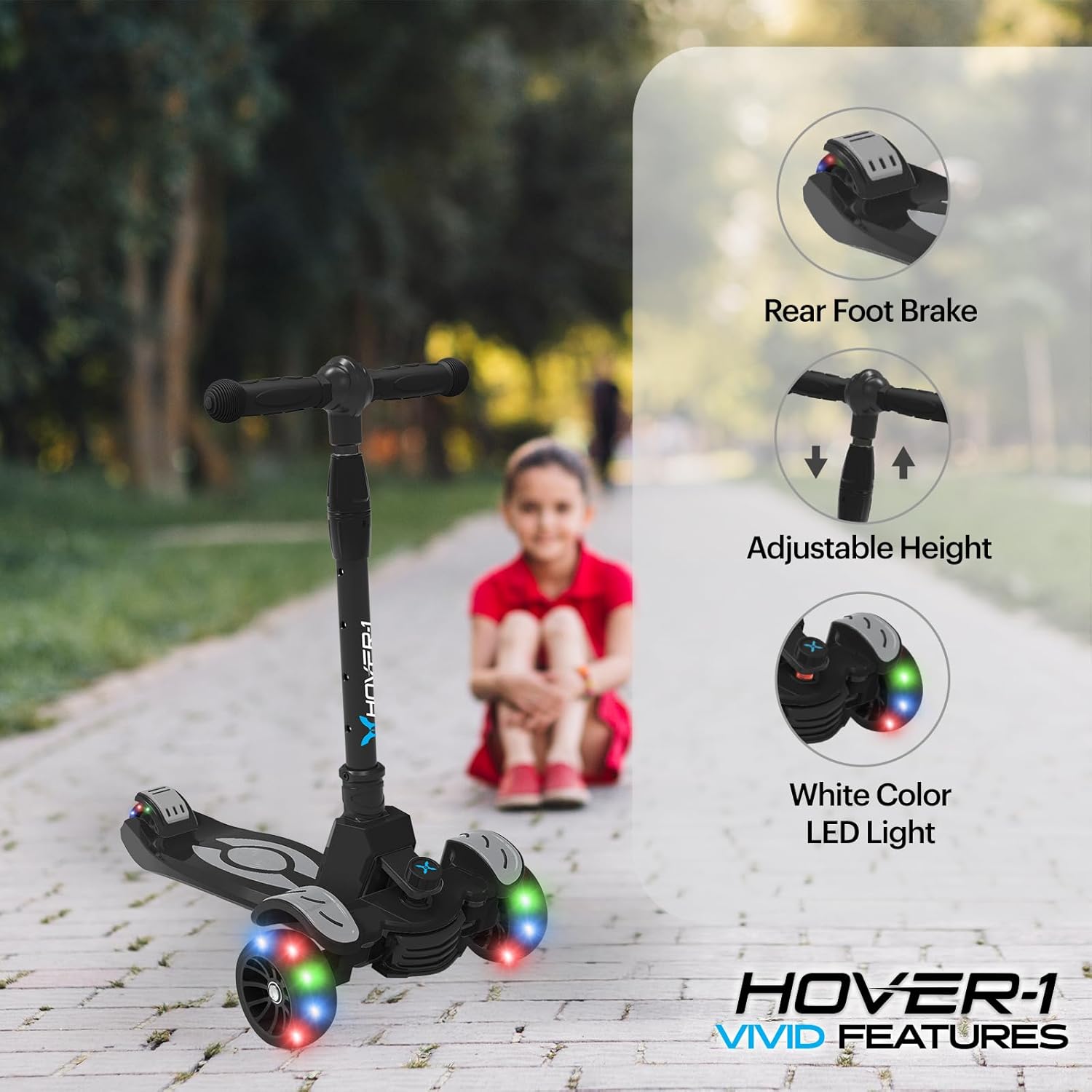 Hover-1 Vivid Kick Scooter features: Rear Foot Brake, Adjustable Height, White Color LED Light