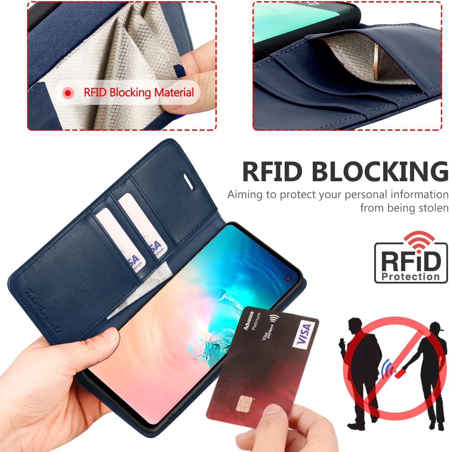 TUCCH Galaxy S10 Wallet Case, S10 Case with [TPU Shockproof Interior Case] Stand [RFID Blocking] Card Holder, Magnetic PU Leather Protect Flip Cover Compatible with Galaxy S10 6.1-Inch, Dark Blue