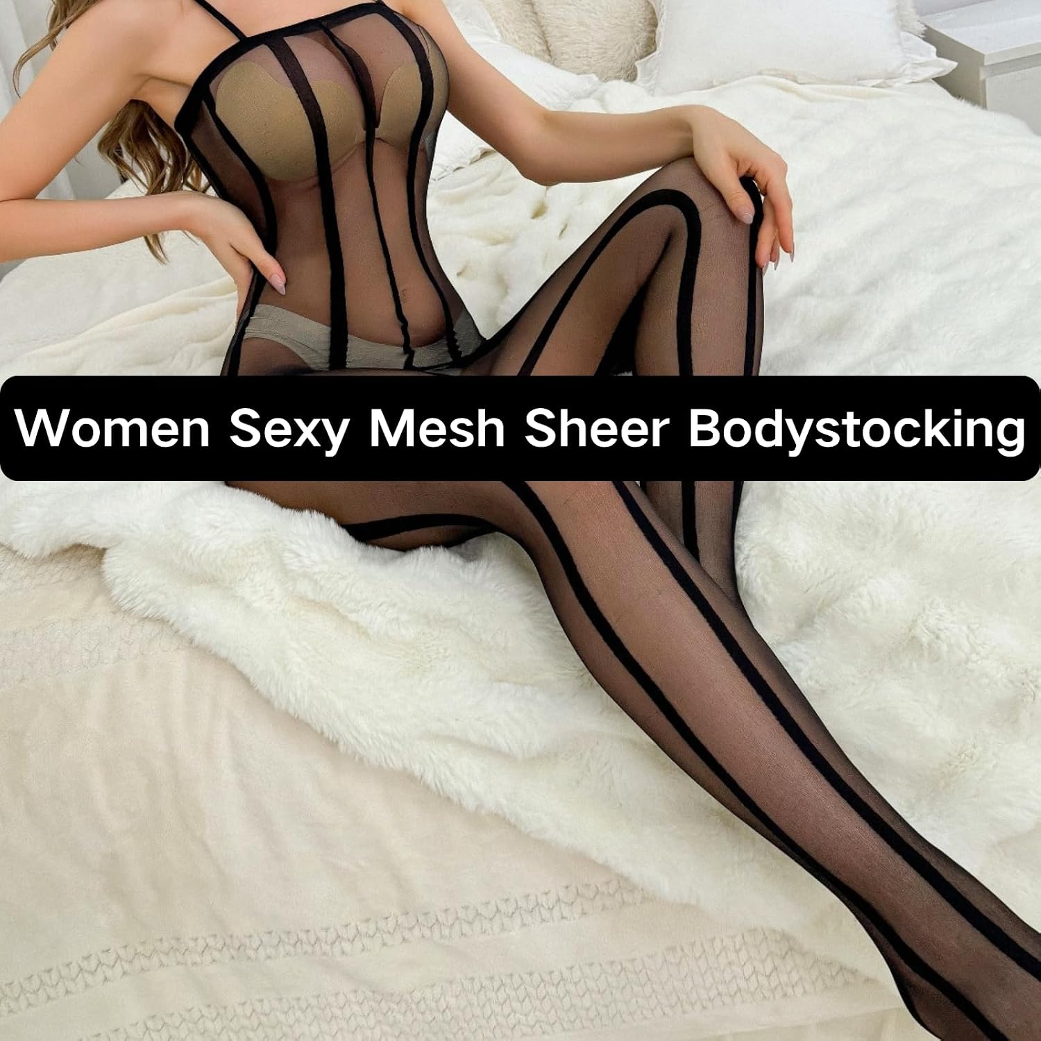 Women’s Striped Body Stockings Sexy Fishnet Mesh Stretchy Lingerie Babydoll Tights for Rave Club Nightwear Outfits