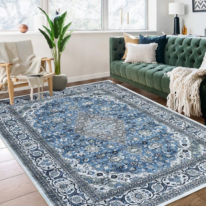 Area Rug 8x10 Washable Rug for Living Room Bedroom Medallion Area Rug Non Slip Distressed Rug Stain Resistant Indoor Floor Carpet for Dining Room Bedroom, Blue