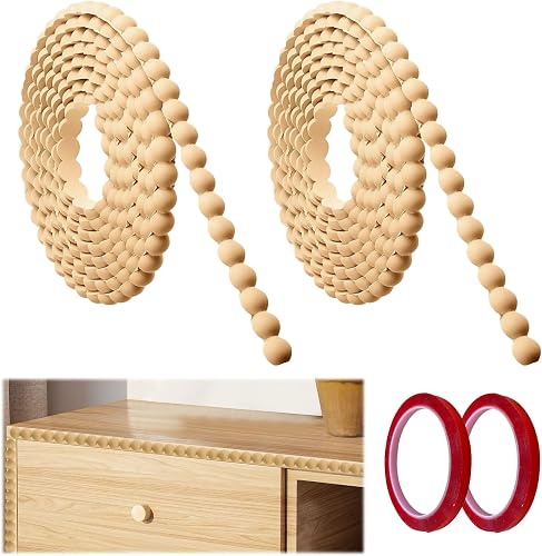 2 Rolls Decorative Beaded Wood Trim 2M Half Wood Beading Trim Self Adhesive Wooden Beading Unfinished 3D Bobbin Trim Moulding for DIY Home Wall Cabinet Furniture Shelf Window Door (15mm)