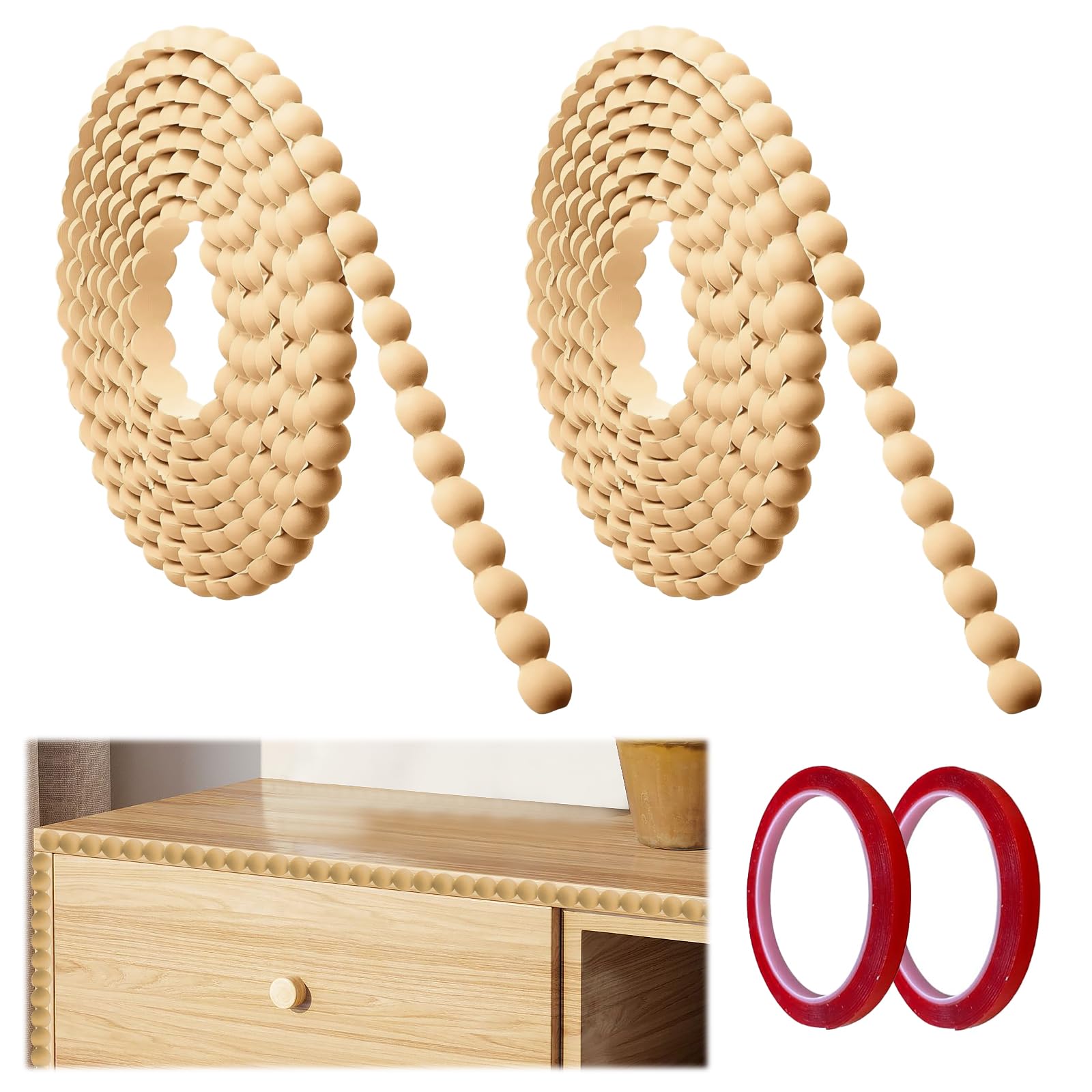 2 Rolls Decorative Beaded Wood Trim 2M Half Wood Beading Trim Self Adhesive Wooden Beading Unfinished 3D Bobbin Trim Moulding for DIY Home Wall Cabinet Furniture Shelf Window Door (15mm)
