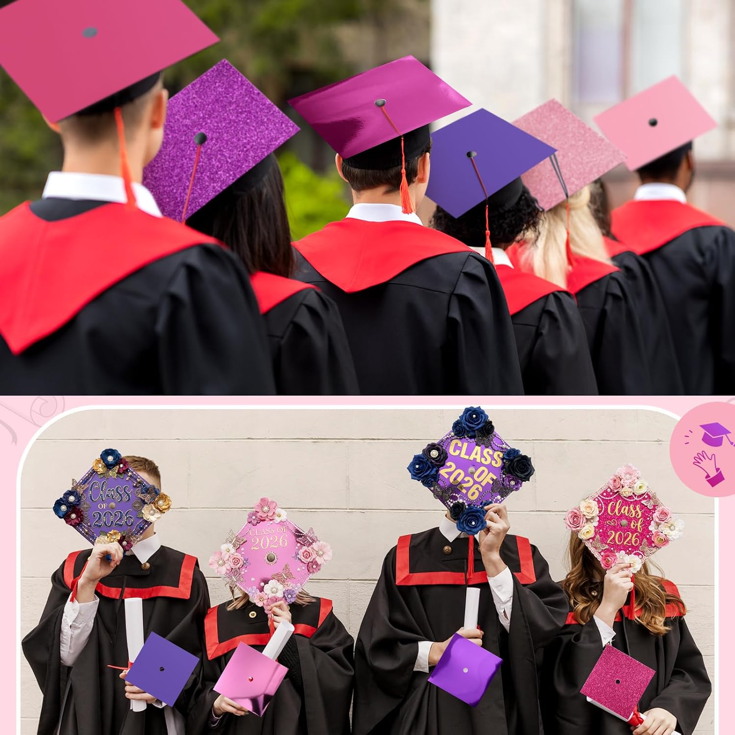 Gersoniel 36 Sheet Construction Paper for DIY Graduation Cap Decoration 2026 Grad Hat Topper Blank Grad Cap Cover Cardstock Metallic Glitter Card Stock Paper 250gsm/92lb(Pink Color)
