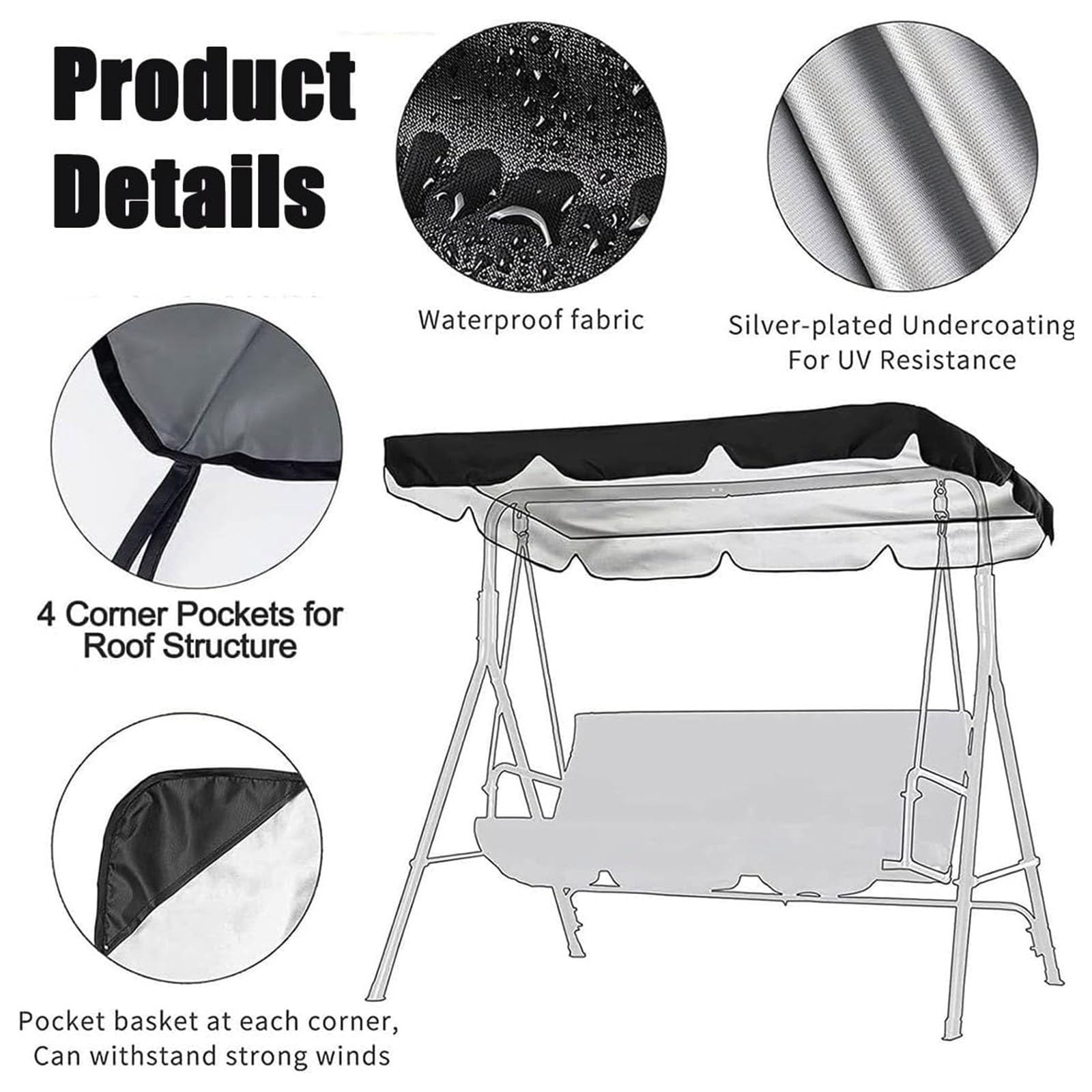 Copertura superiore di ricambio per dondolo da esterno, copertura per dondolo da patio, per 2/3 posti, impermeabile, ricambio per giardino, patio (grigio, 210 x 145 cm)