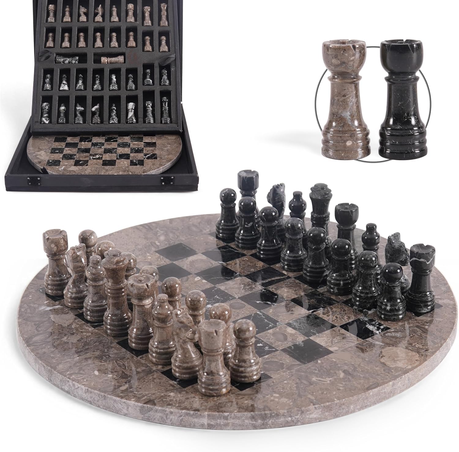 Earthentones Marble Chess Set for Adults with Complementary Storage Box, 12" Oceanic Black Handmade Chess Board Game, Luxury Board Games for Adults with Extra Queens