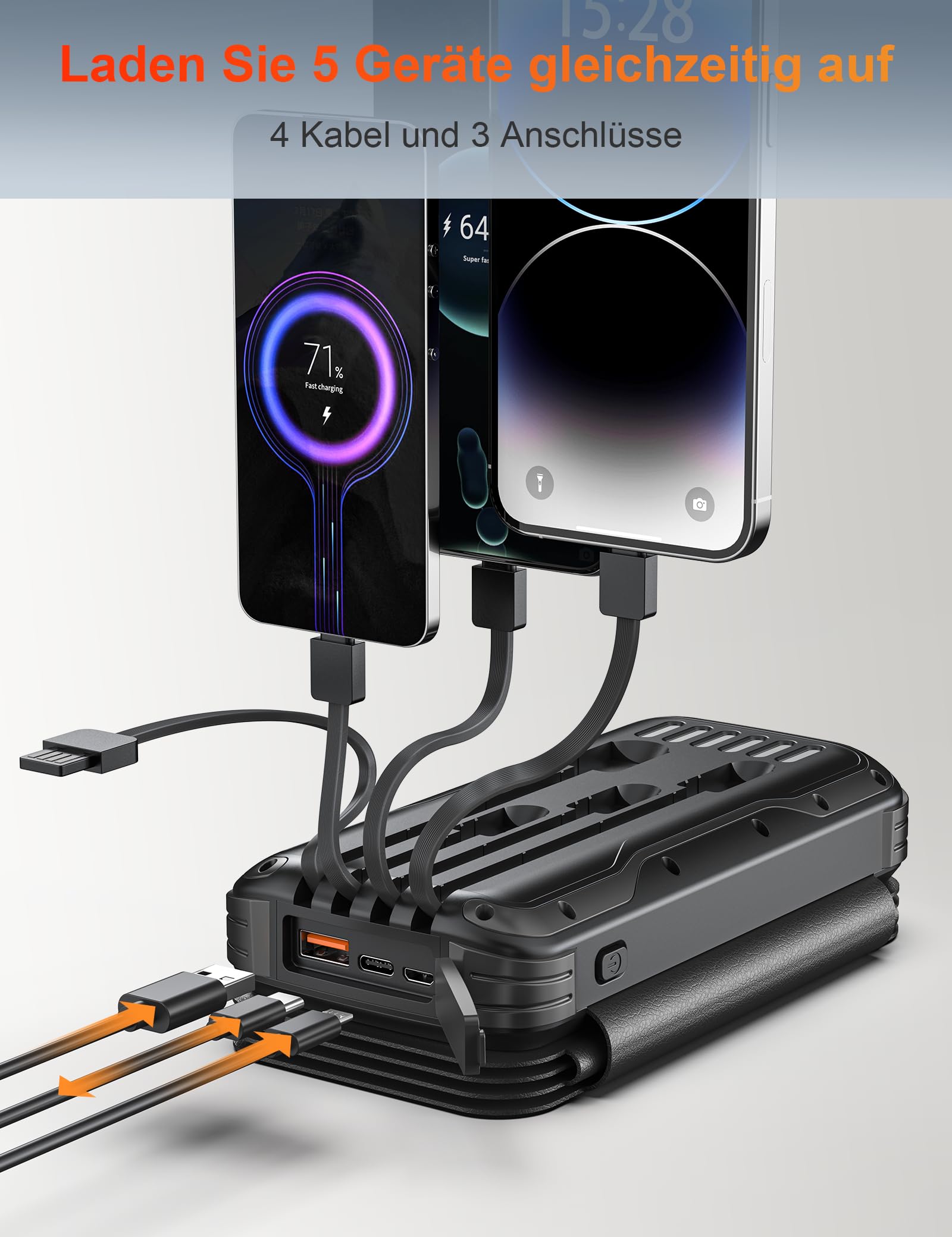 Power Bank Solare, 20000mAh Caricatore Portatile con 4 Caricatori Esterni Pieghevoli a Pannello Solare, 4 Cavi Integrati, Batteria Esterna della Banca di Energia Solare USB C con 2 Torce a LED