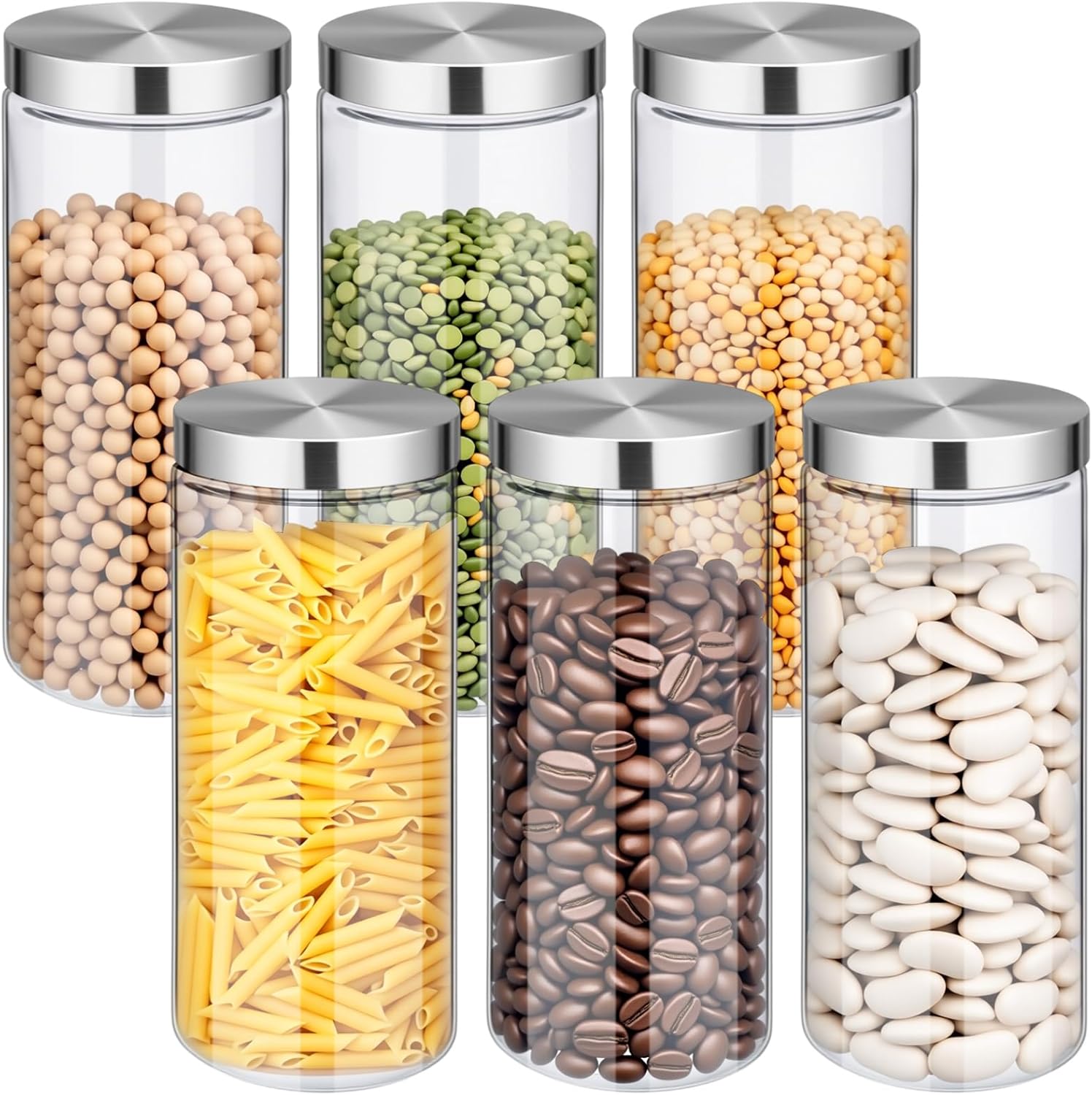6 Pcs 68oz Clear Glass Canister Set with Stainless Steel Lids, Food Storage Containers for Kitchen & Pantry Storage, Dry Foods Including Flour Sugar Coffee Rice Tea Spices Herbs