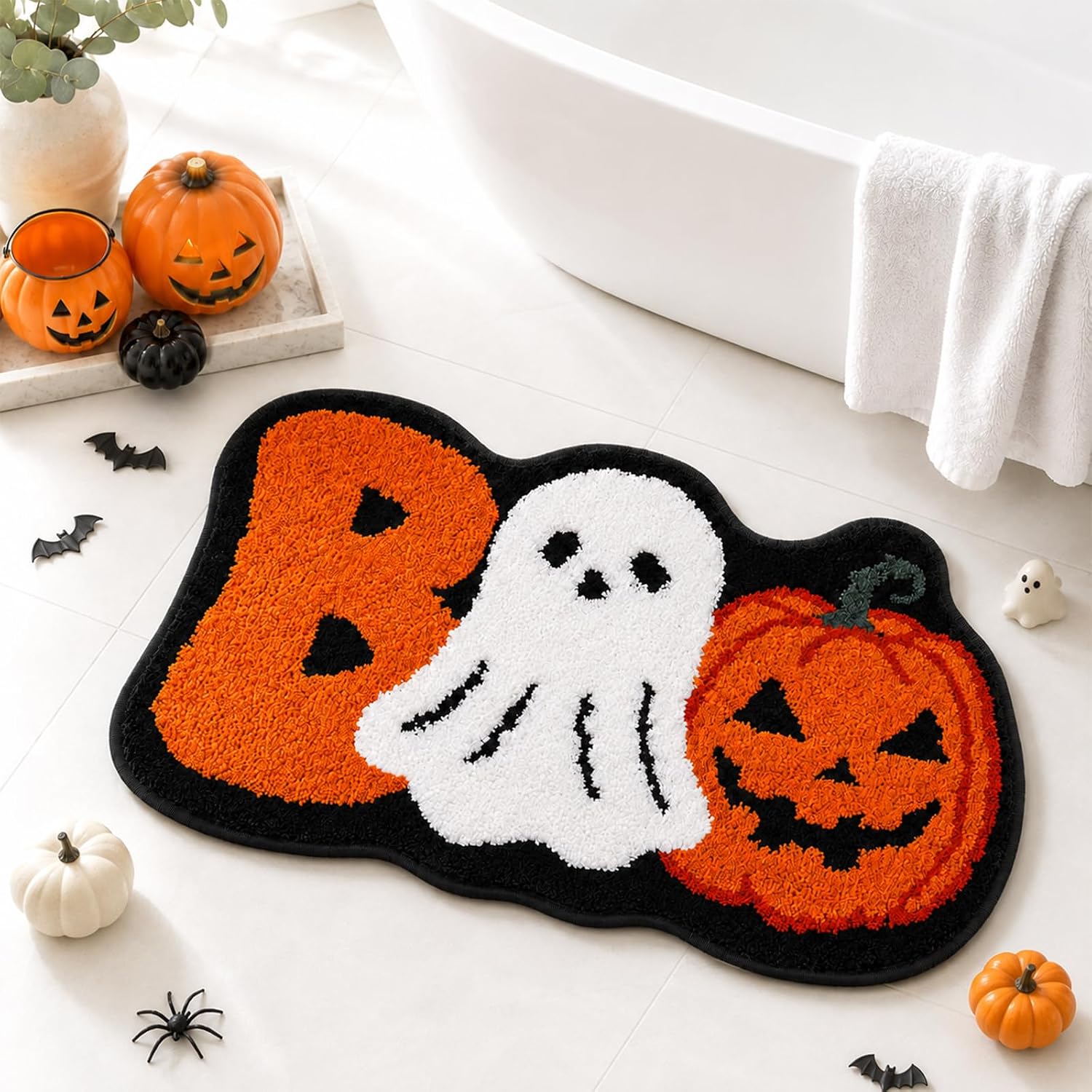 Halloween Bathroom Rug, 30" x 18" Boo Ghost Pumpkin Bath Mat