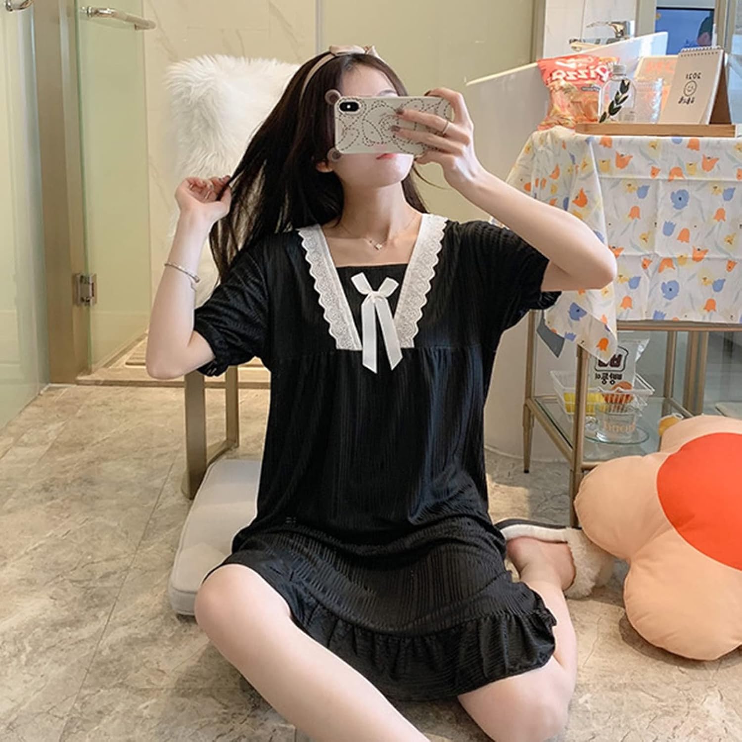 [シュウカ] ネクリジェ パジャマ ルームウェア レディース 半袖 ワンピース 吸汗 プレゼント ルームウェア 旅行 半袖 ワンピー