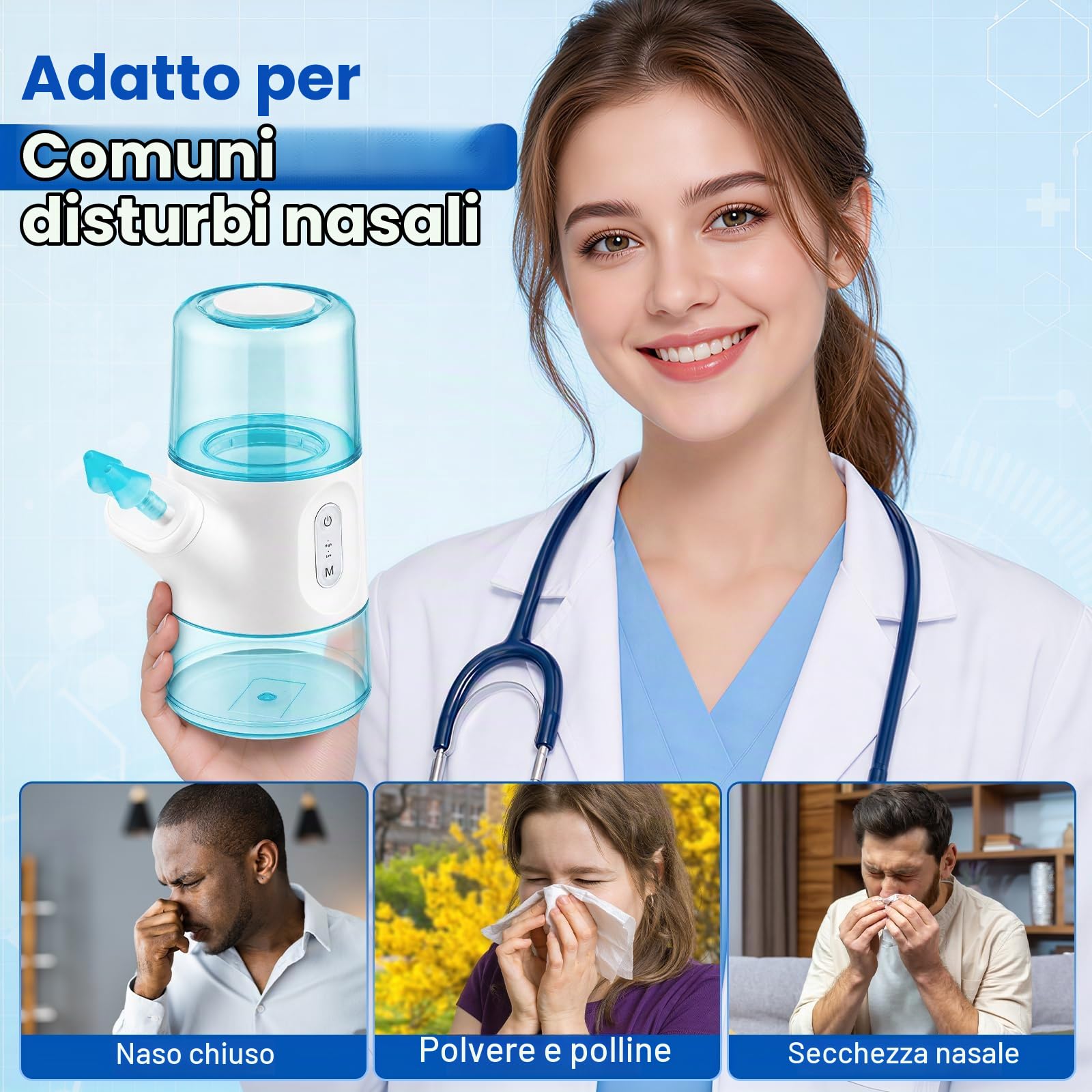 Irrigatore Nasale Elettrico Senza Fili A Doppio Serbatoio, Lavaggio Dei Seni Paranasali Con 2 Modalità Risciacquo, Raccolta Automatica Acque Reflue,800mAh, Impermeabile IPX7, 8 Ugelli,40 Bustine Sale
