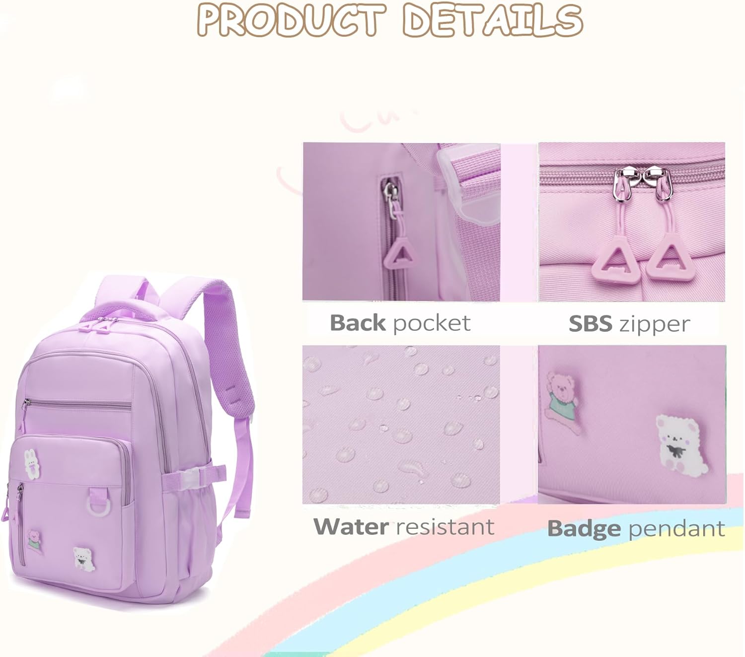 Kawaii Girls Backpack with Lunch Box Set, Cute Aesthetic Backpack Teens Bookbag for Middle High School (Purple) - Image 5