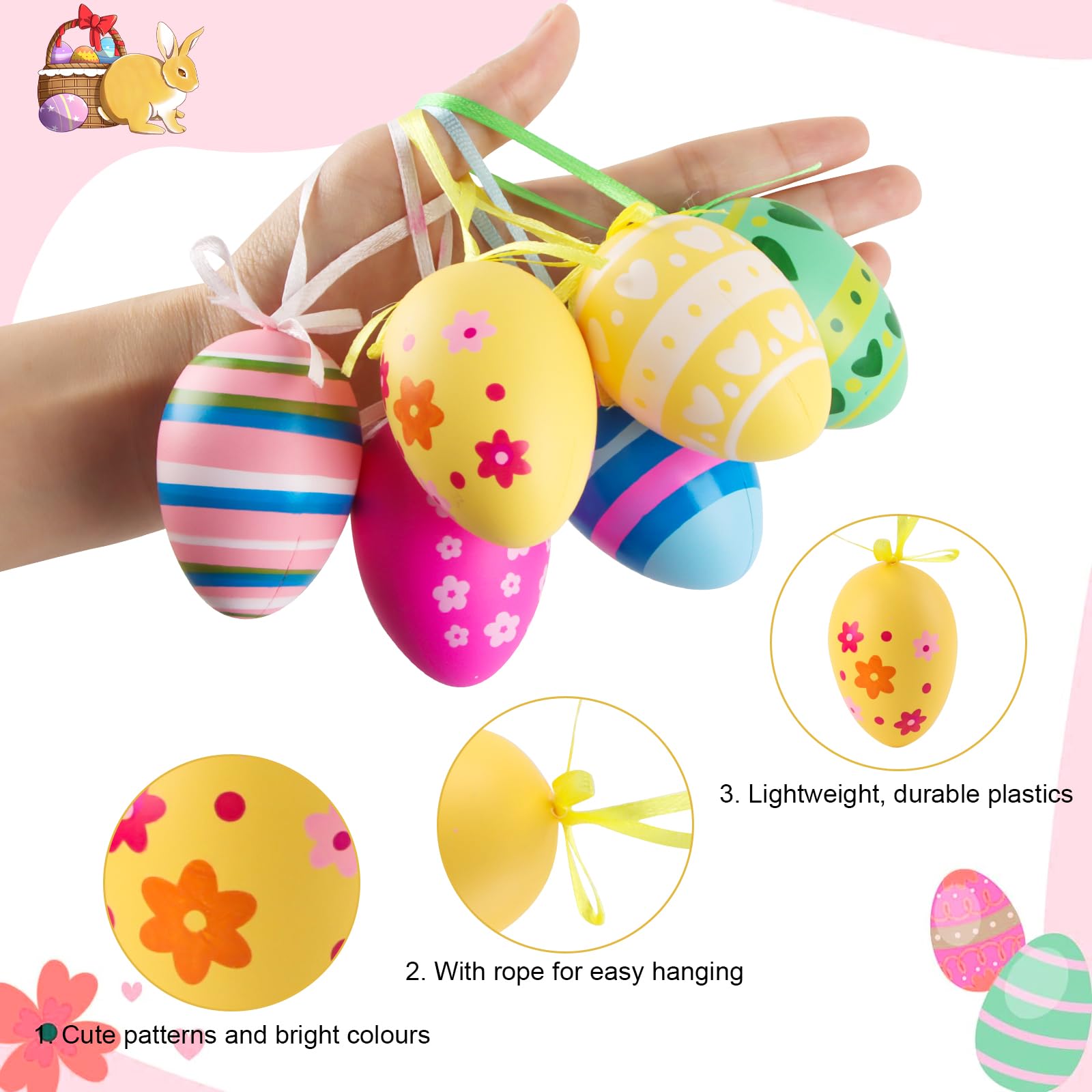ZoneYan Cestini Pasquali In Feltro 3 Pezzi - Coniglietti Con Fiori Per Caccia Alle Uova, Decorazioni Pasqua, Regalo Bimbi